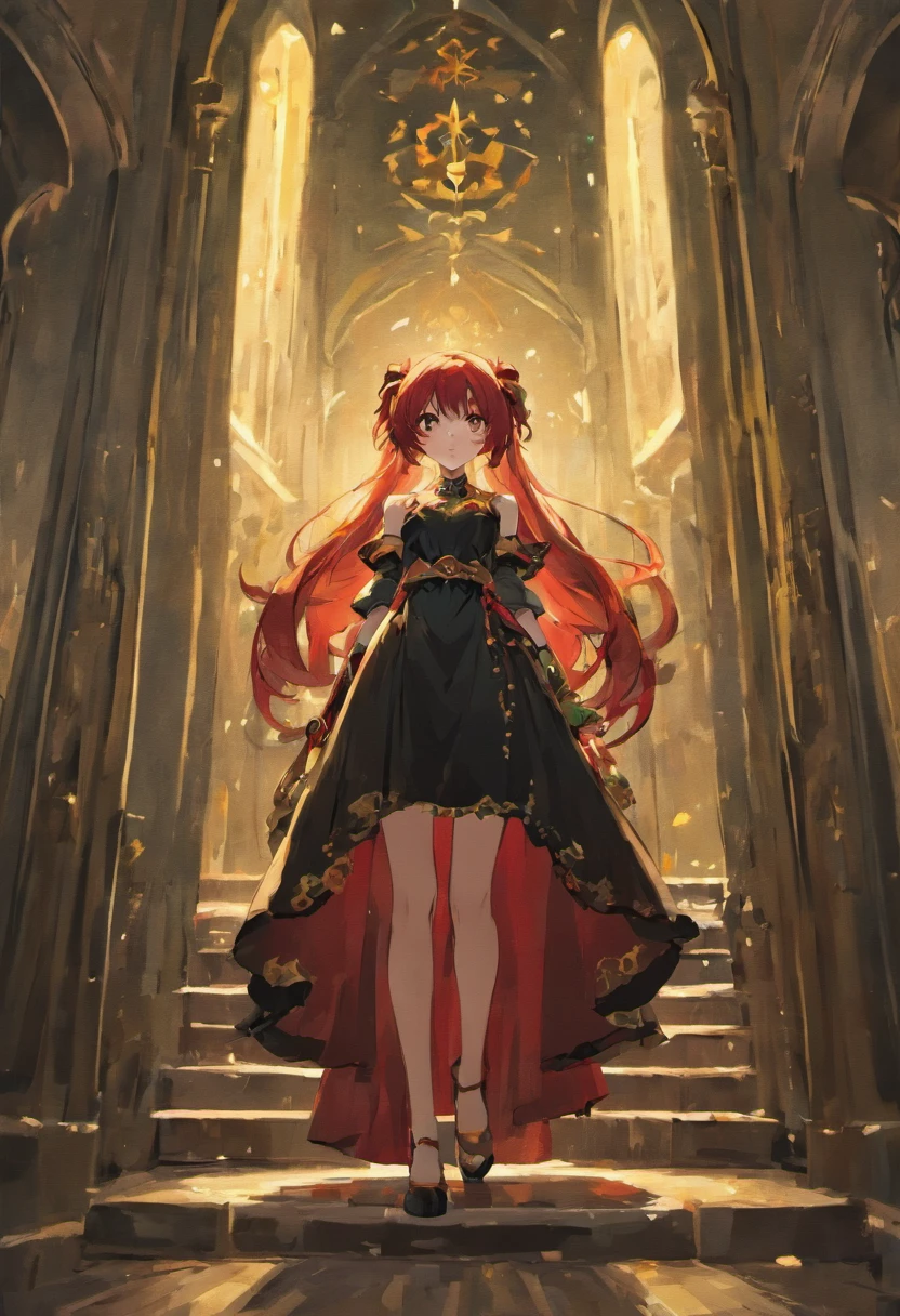full body photograph, confident young woman with red straight long hair, half red and yellow sharp eyes, wearing an elegant black dress with dark green pattern, in a castle, photorealistic, cinematic lighting