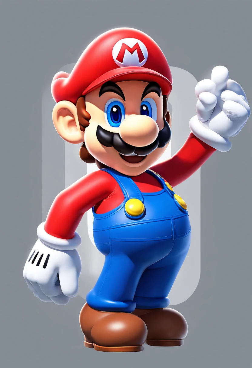 (Mario), Character Design, Nintendo Super Mario, (Blue eyes, Red hat, Red suit, Blue suspenders, White Gloves, well-muscled), clean back ground, Bright iridescent highlights, Studio Lighting, Atmospheric lighting, With exquisite texture, high detailing, High resolution, 8K, Best Quality, Ultra high definition
