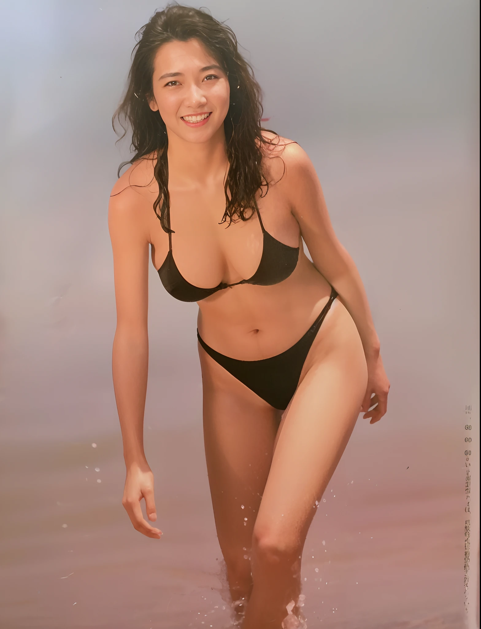 arafed woman in a black bikini walking in the water, 80's japanese photo, yasumoto oka, magazine 1990's, 奈良美智, japanese model, in bikini, is wearing a swimsuit, kiyoko suzuki, in her early 3 0, 90s japan, young skinny gravure idol