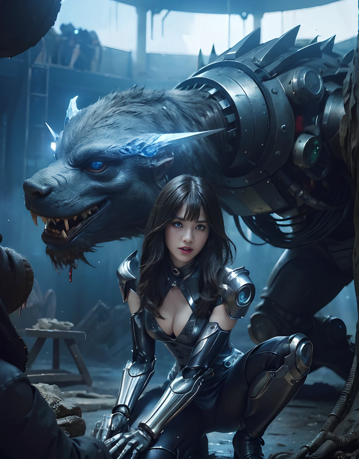 (1 Mechanical Girl)、top-quality、​masterpiece、超A high resolution、(Photorealsitic:1.4)、Raw photo、女の子1人、Fight mutants、glowy skin、(((1 Mechanical Girl)))、With a beautiful knife、（Green Metal Bodysuit）、(Kobold、ogre、Fierce battle with orcs),（Fight fiercely against aliens）、Fight fiercely、(beautiful forest background)、(Fighting Demonic Beasts)、(Small LED)、((super realistic details))、portlate、(Strong giant demon beast background),globalillumination、Shadow、octan render、8K、ultrasharp、Colossal tits、Raw skin is exposed in cleavage、metals、Details of complex ornaments、Japan details、highly intricate detail、Realistic light、(Mystical expression),CGSoation Trends、Blue eyes、radiant eyes、Facing the camera、neon details、(Mechanical limbs)、(blood vessels connected to tubes)、Mechanical vertebrae attached to the back、mechanical cervical attaching to neck、(Wires and cables connecting to the head)、Gundam、Small LED、,Mechanical thighs、Toostock、（Hands are also made of machines）、（Attack of the Monster Beasts）、（Wounded in a deadly battle）、