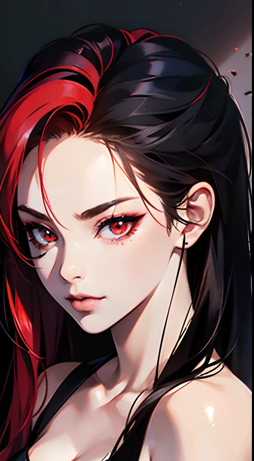 (Best Quality,4K,High resolution), 18yo woman, Red mesh hair on black hair, Shiny long straight hair, Innocence,sharp eye、red eyes、Cold eyes、Glaring、ssmile、small nose、eye liner、 tousled、Luxury doll、Pose with your index finger facing your head、Comical appearance,comic strip,animesque,Deformed cute illustration、Delicately expresses realistic skin texture、Muscle texture reproduction、Cool background in Gothic style、Full body projection