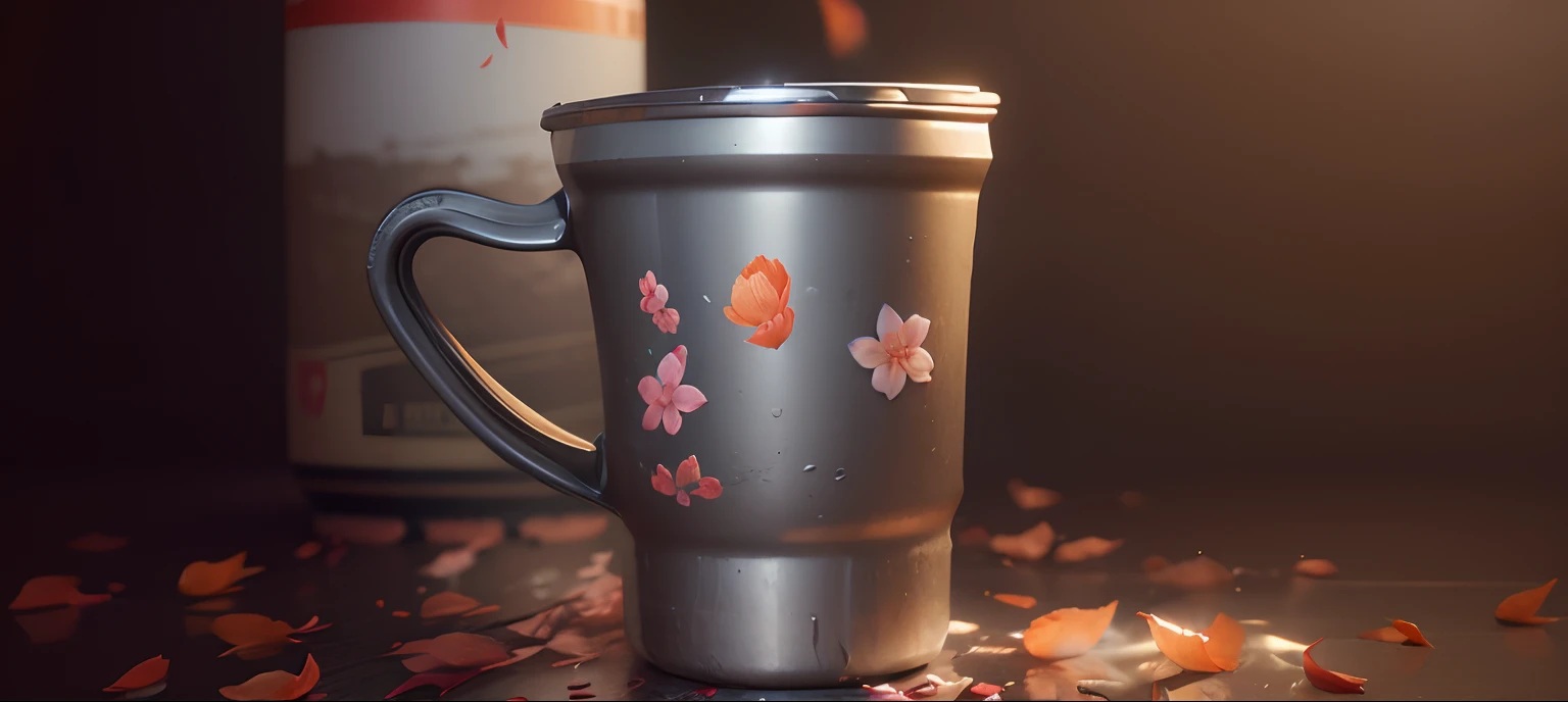 A can of Amefon beer,There are flowers inside, In the style of Zbrush, Cherry blossoms, Realistic hyper-detail, Johnson Zeng, light orange and gray, Decorative motifs, matte photos