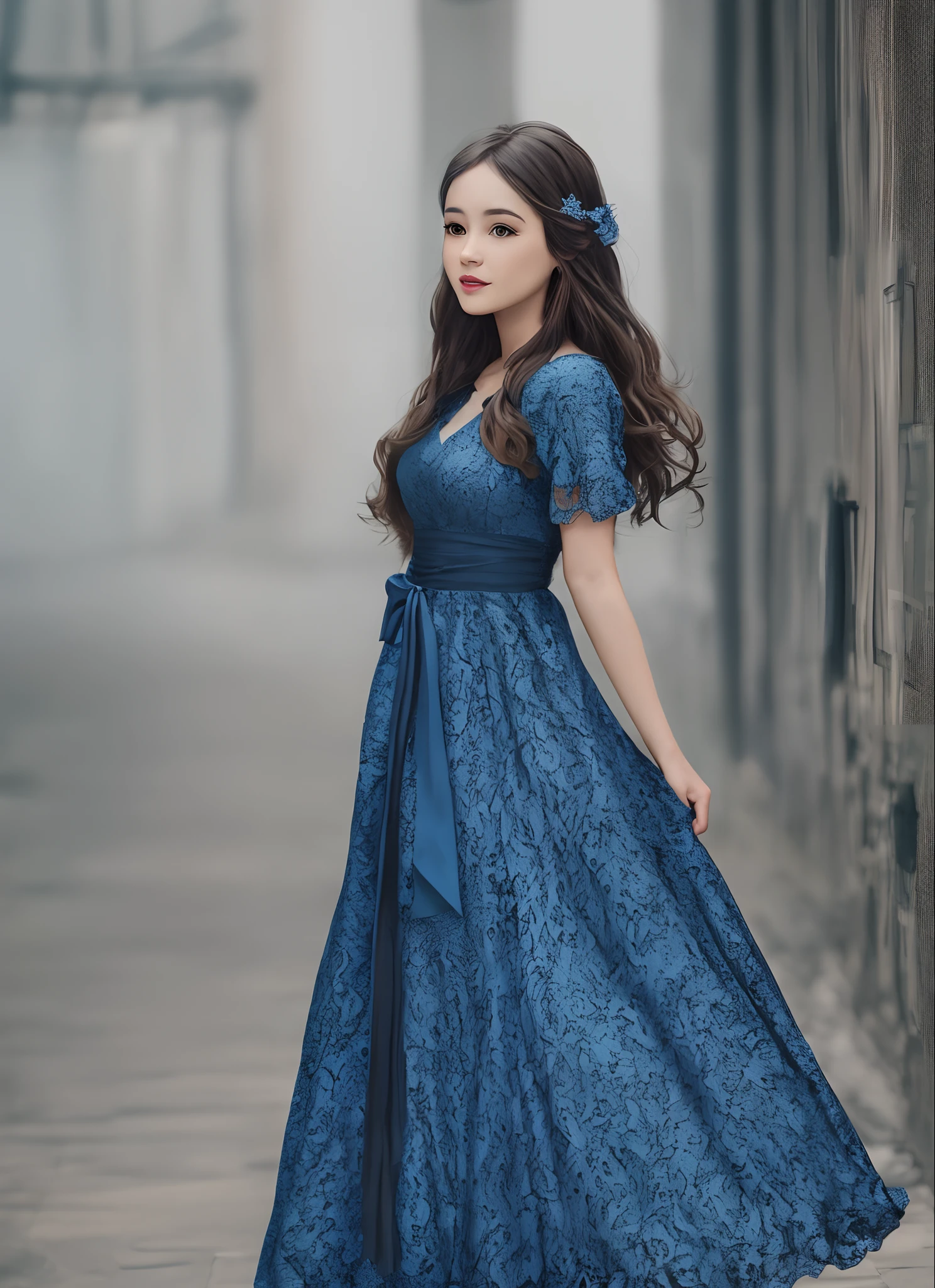 Create an image of a woman in blue dress standing