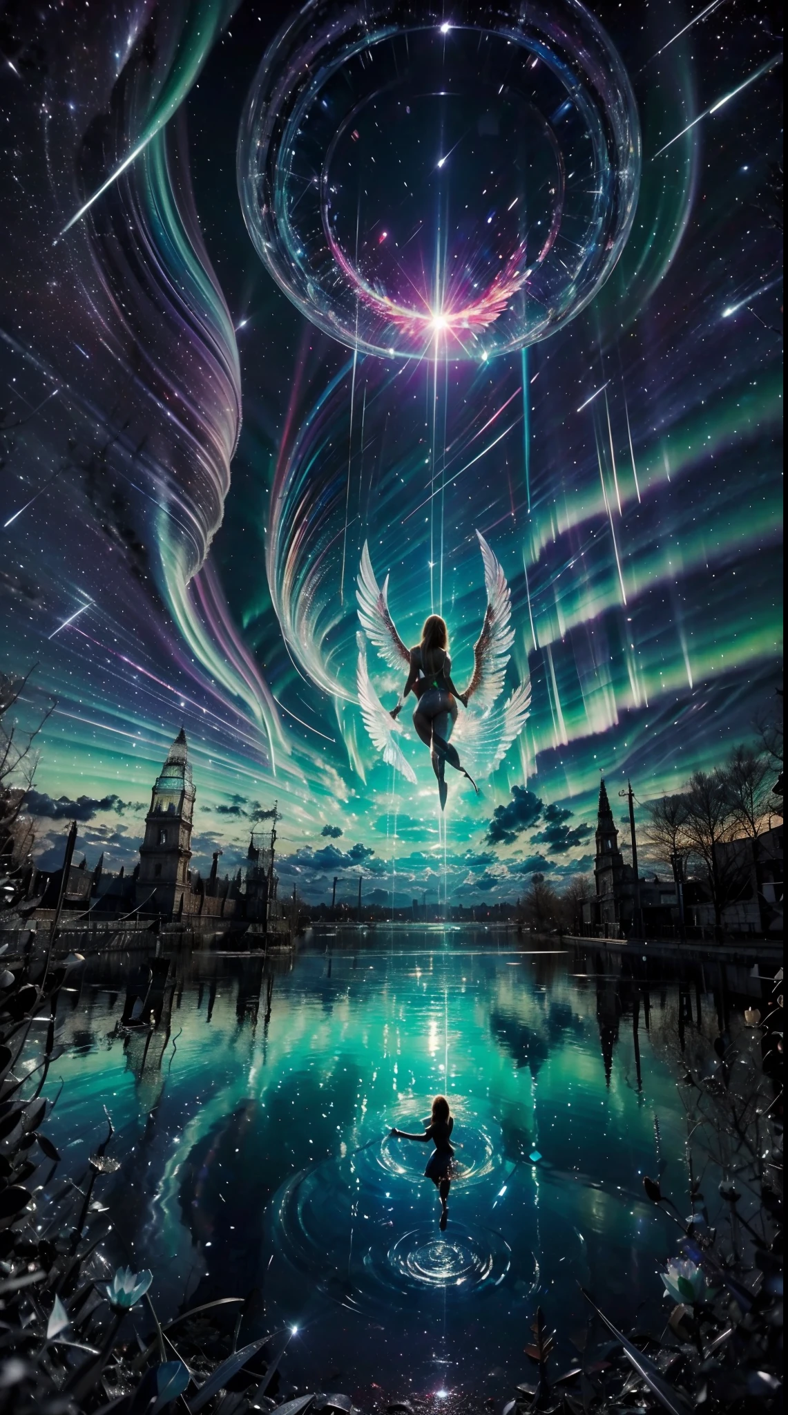 (A winged warrior who has swam through rivers of lightning),fotorrealista:1.37,Altas Resoluciones,vivid colors,Bokeh,Renderizado 3D,foco nítido,ultra detallado,Studio lighting,Guerrero,fierce expression,armadura,plumaje,Alas poderosas,lightning bolts,Aurora boreal,cielo tormentoso,superficies reflectantes,ethereal glow,mystical creature,Salpicaduras de agua,dynamic  pose,espada,Ruinas antiguas.