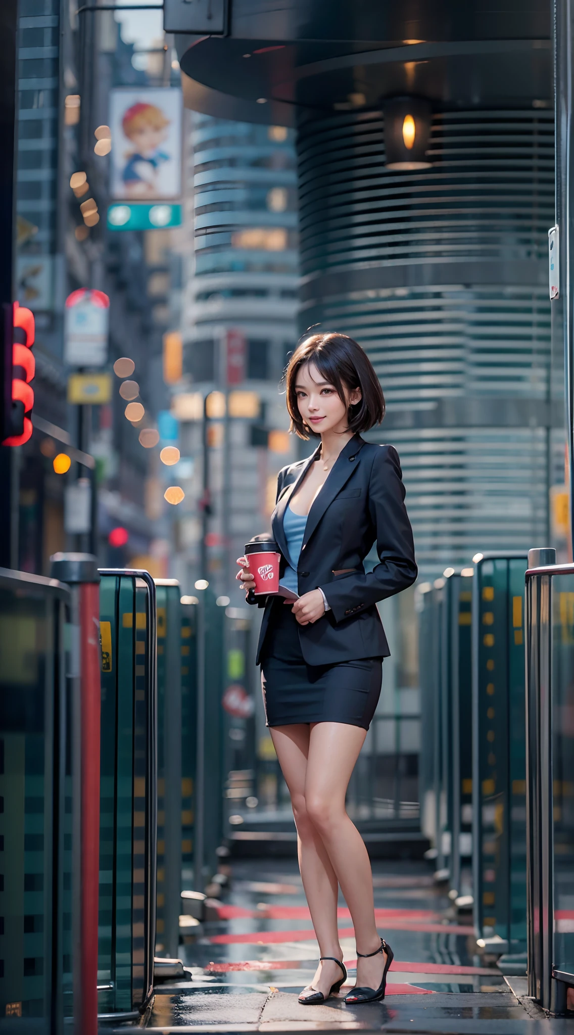 morning, Black business suit, a miniskirt, Drinking hot coffee in a paper cup, Modern old cityscape, Smiling smile, (The FW), 1womanl, 独奏, 24 year old, 7headed body, (cute  face), (Ideal ratio body proportions), (Composition from head to thigh), erectile nipple, Sexy body, Wet, short-hair, Dark hair, small tits, A slender, Small buttocks, beauty legs, Skinny Legs, surrealism, Cinematic lighting, depth of fields, One-person viewpoint, F/1.8, 135 mm, nffsw, masutepiece, ccurate, ((Anatomically correct)), Textured skin, Super Detail, high details, High quality, awardwinning, Best Quality, hight resolution, 8K