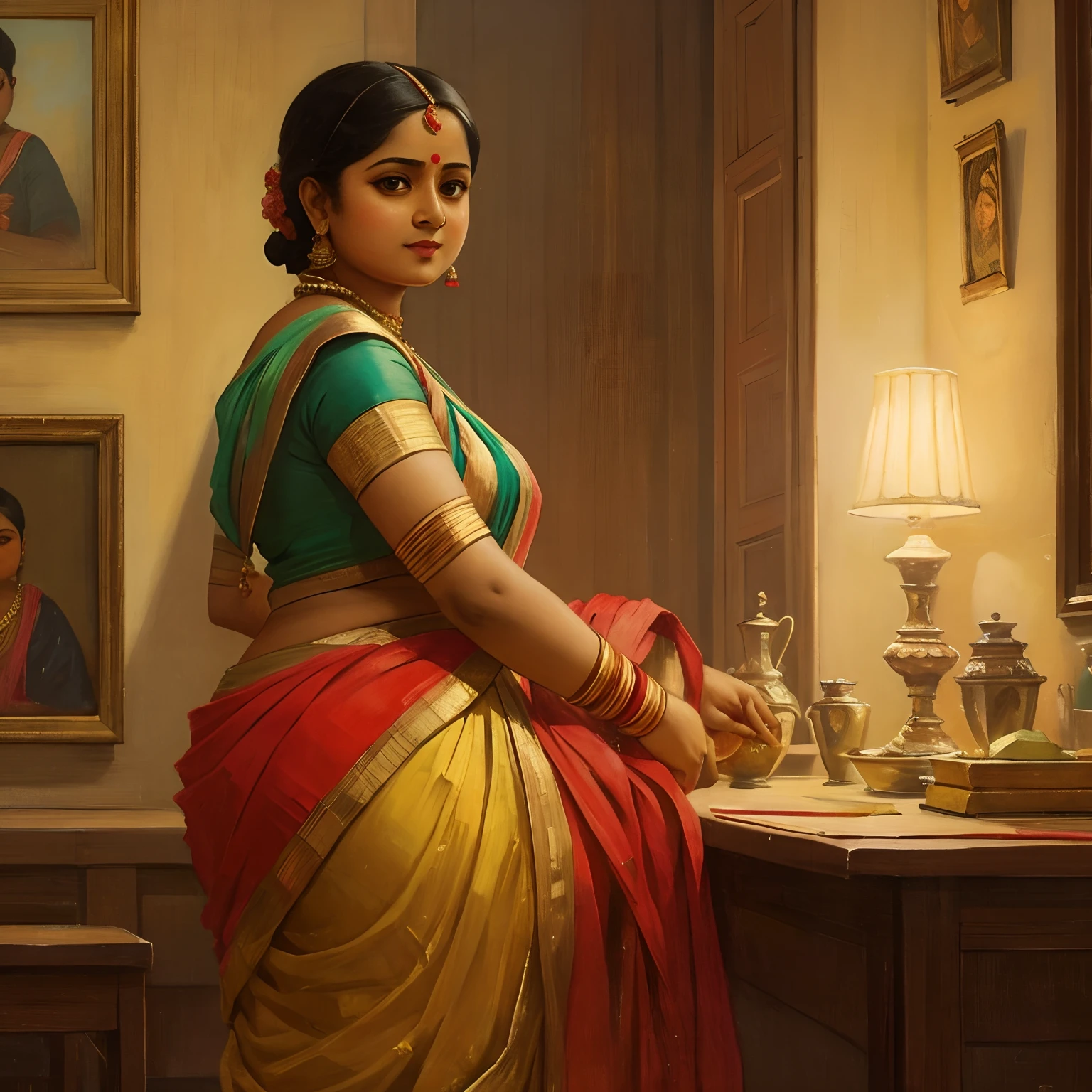 Attractive chubby bengali lady , artistic , 18 th century , dynamic pose, cinematic light , painting of Ravi Verma