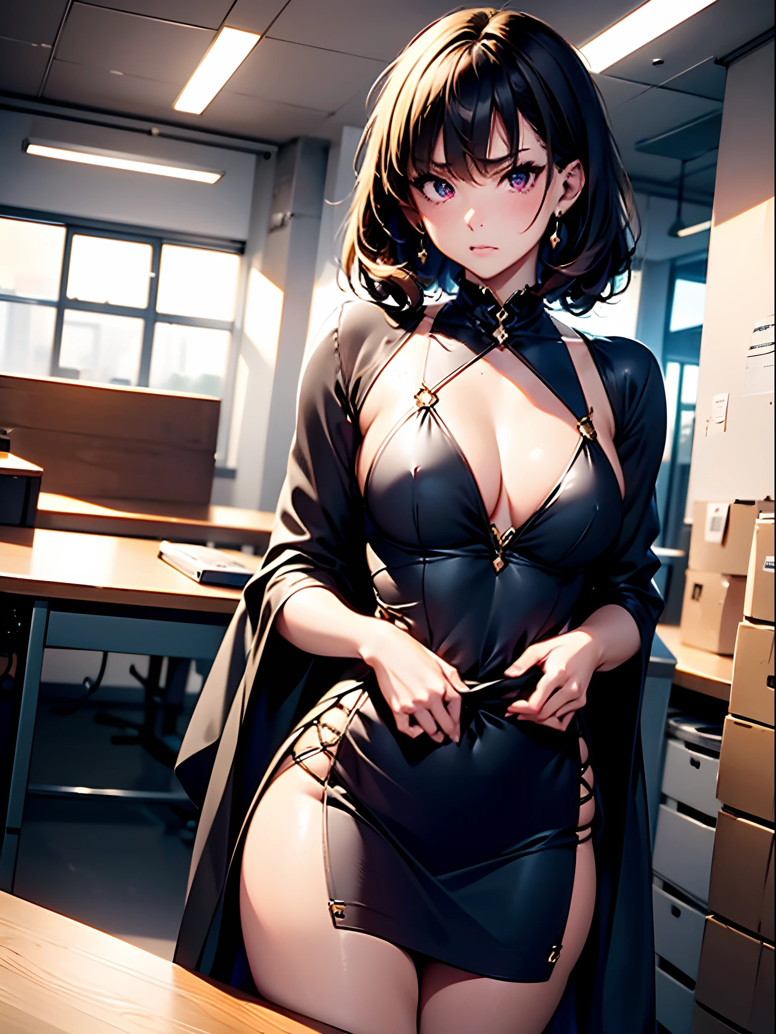 Masterpiece, Excellent, (Office: 1.8), CG drawing with super high detail, standing, 1 royal sister, angry, a woman with short tan hair, layered dress, hands crossed at waist, facing the audience, illustration, wide angle panorama