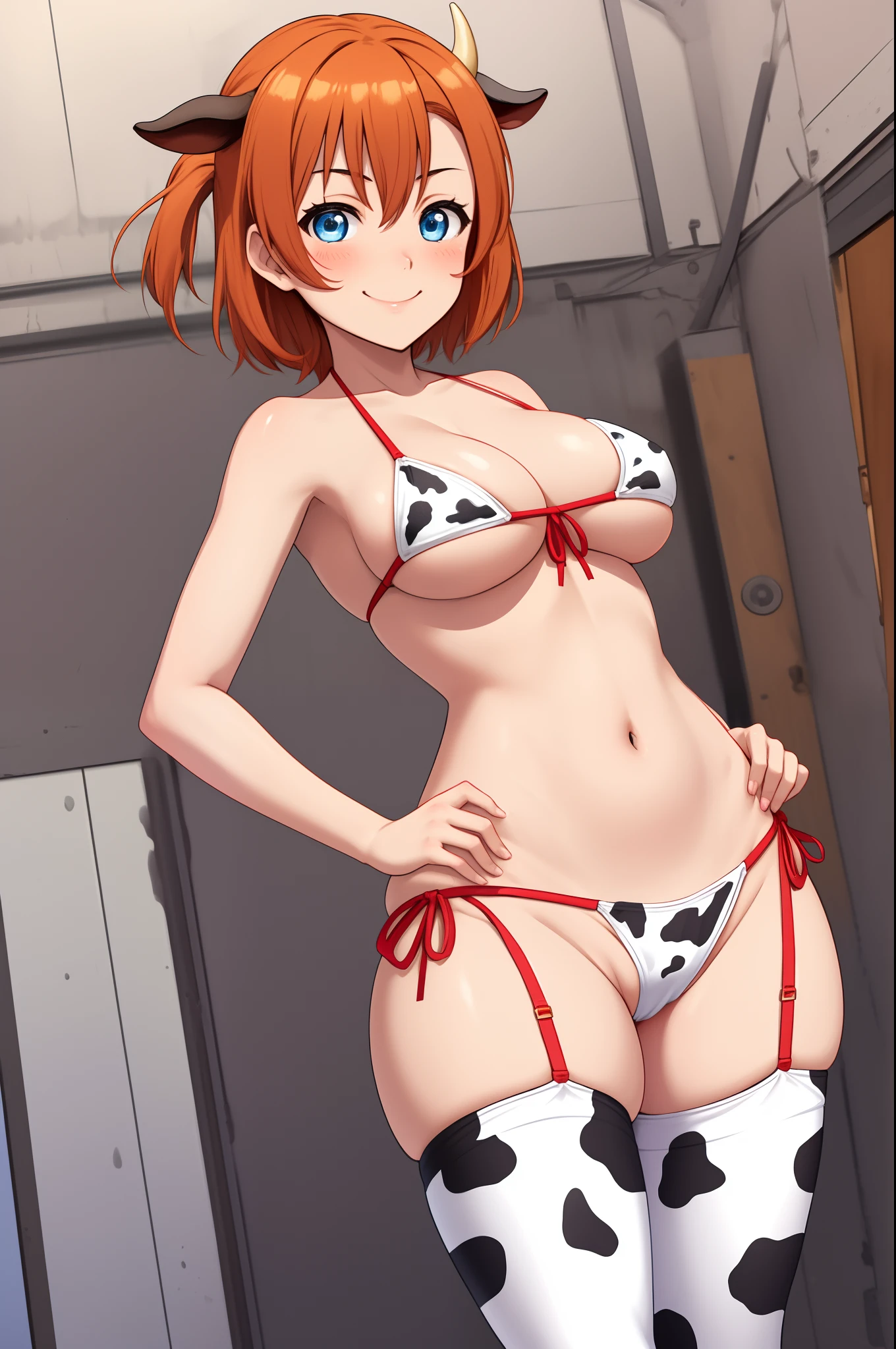 Kousaka honoka, blue eyes, (orange hair:0.8),white micro bikini, side-tie bikini, cow paint, cow print thighhighs, hands on hips, smile, serious eye,blush,big breasts, underboob,thicc , curvy body, pussy juice