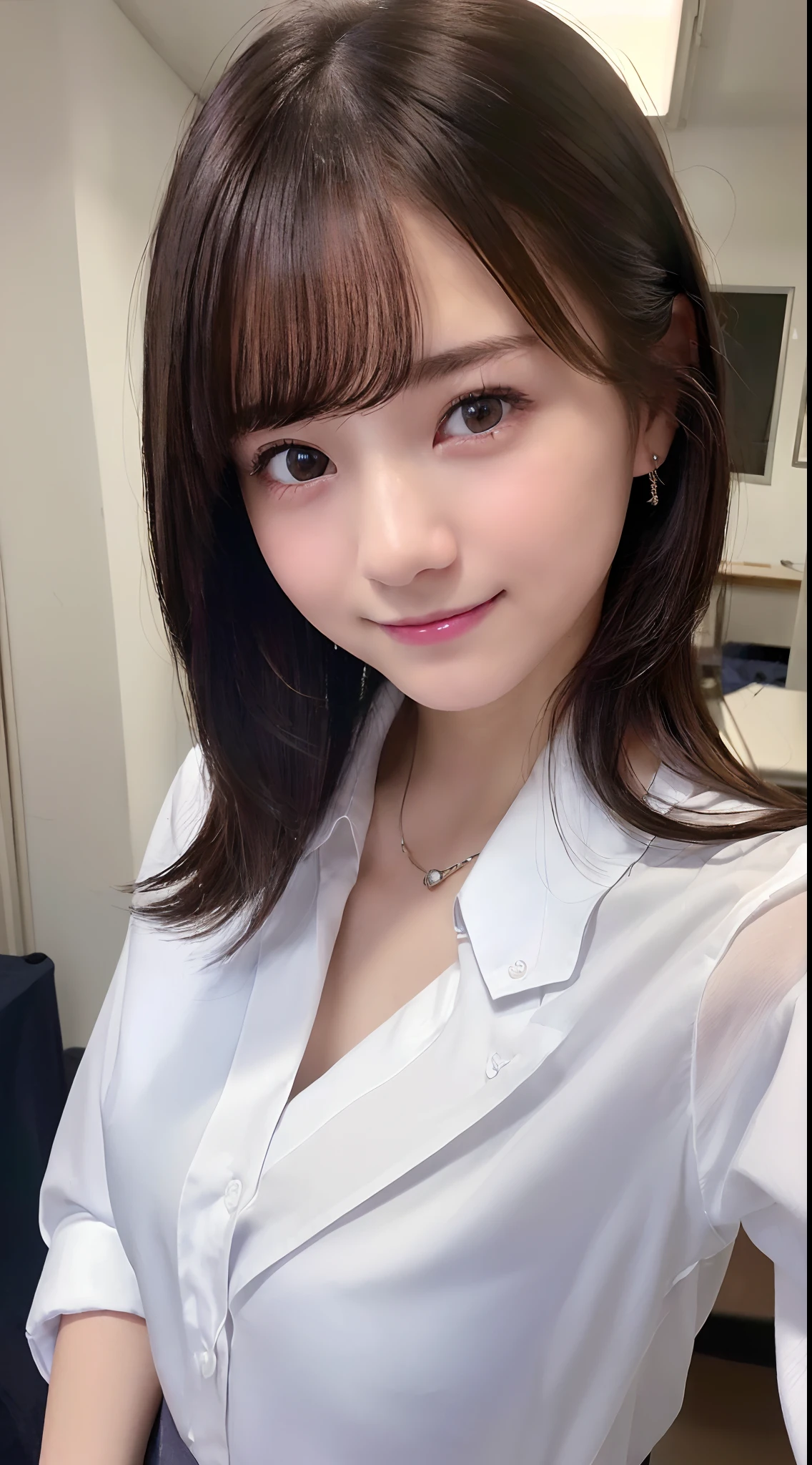 ((8K,Raw photography, top-quality, masterpiece),high definition RAW color photos professional close-up photos,(realisitic,photorealisim:1.37),(top-quality),(Best Shadows), ((up of face)),((directly in front)),A sexy, high resolution, high-definition CG unified 8K wallpapers, physically-based renderingt, Cinematographic lighting),a 18 year old girl, (dress shirts, high-school uniform:1.2),High School Classroom, beautiful finely detailed eyes, Light on the Face, ((up of face:1.2)), especially strong light, (Kamimei,ignore:1.2), glowy skin, ((A dark-haired,bobhair:1.2)), (The Flash:1.2), NSFW, (Idol),((smile:1.2)),face perfect, kawaii faces,(selfie:1.2)
