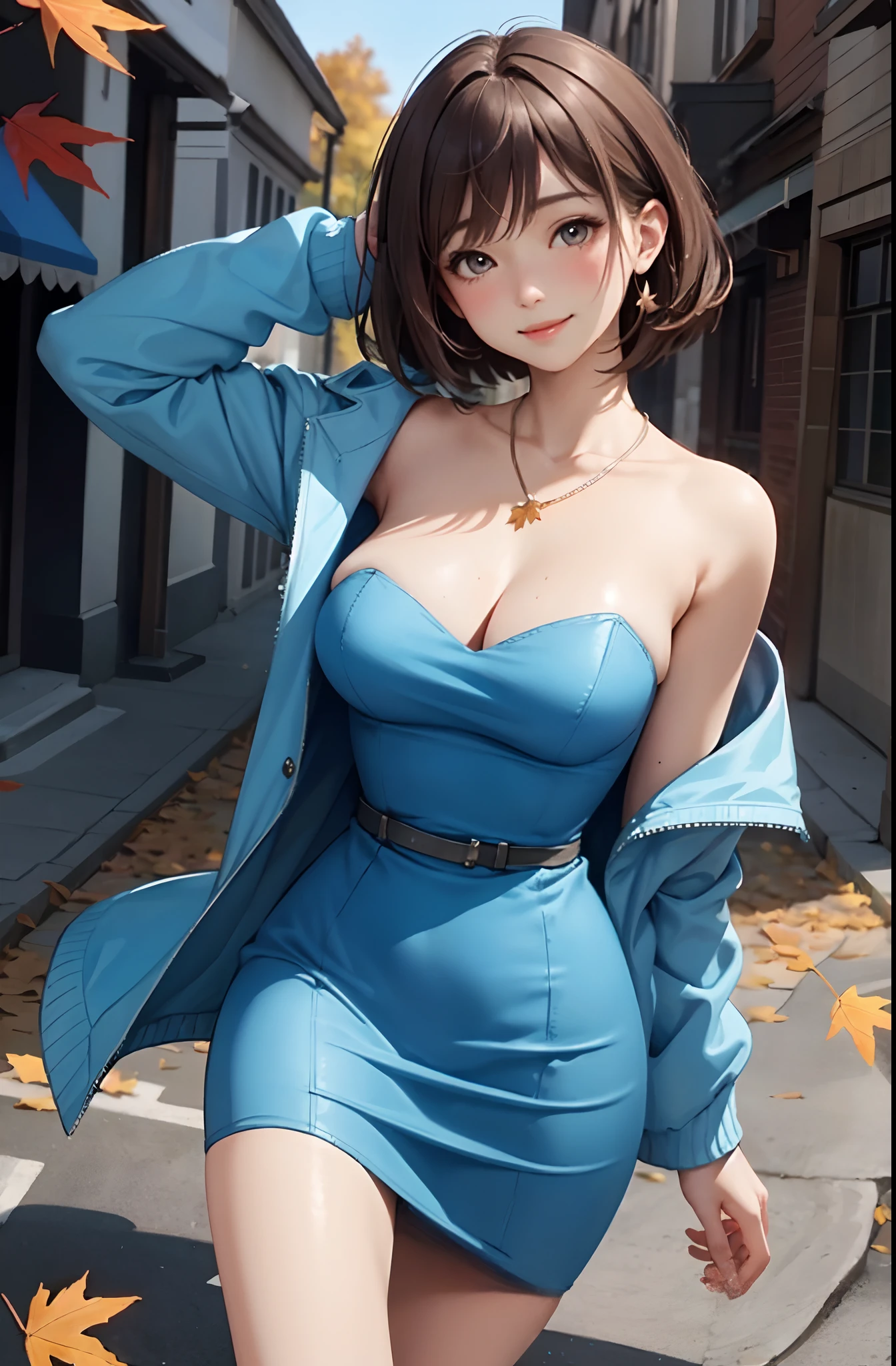 1lady standing, mature female, /(pencil dress/) /(vivid blue dress/) necklace, /(short jacket on shoulder/), /(brown hair/) bangs, blush kind smile, (masterpiece best quality:1.2) delicate illustration ultra-detailed, large breast, arms down BREAK /(streets of Canada/), maple fallen leaves, detailed background