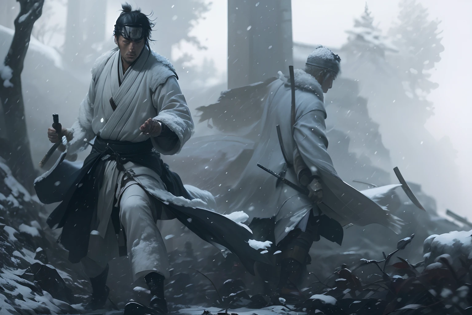 samurais fighting in the snows of winter, Zatoichi, the blind swordsman, snow, falling snow, night, evening, impressionism, hyperdetailed, 24k resolution,