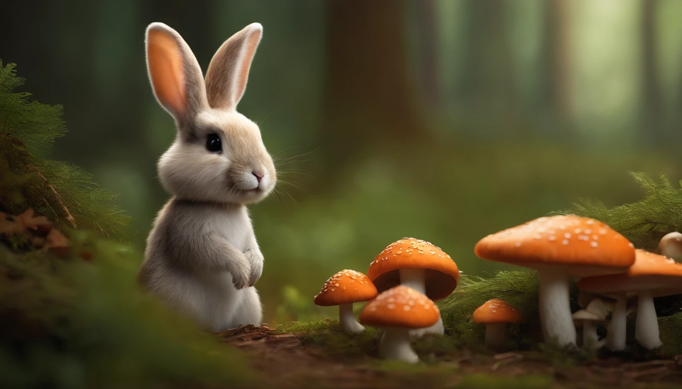 adorable creature,Similar to a mixture of rabbit and carrot, Adorable, Cute, Furry, Fluffy, forest, Mushrooms, Wear a mushroom hat