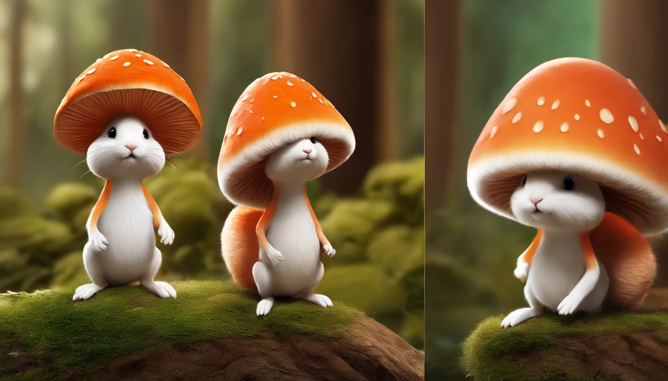 adorable creature，Similar to a mixture of rabbit and carrot, Adorable, Cute, Furry, Fluffy, forest, Mushrooms, Wear a mushroom hat