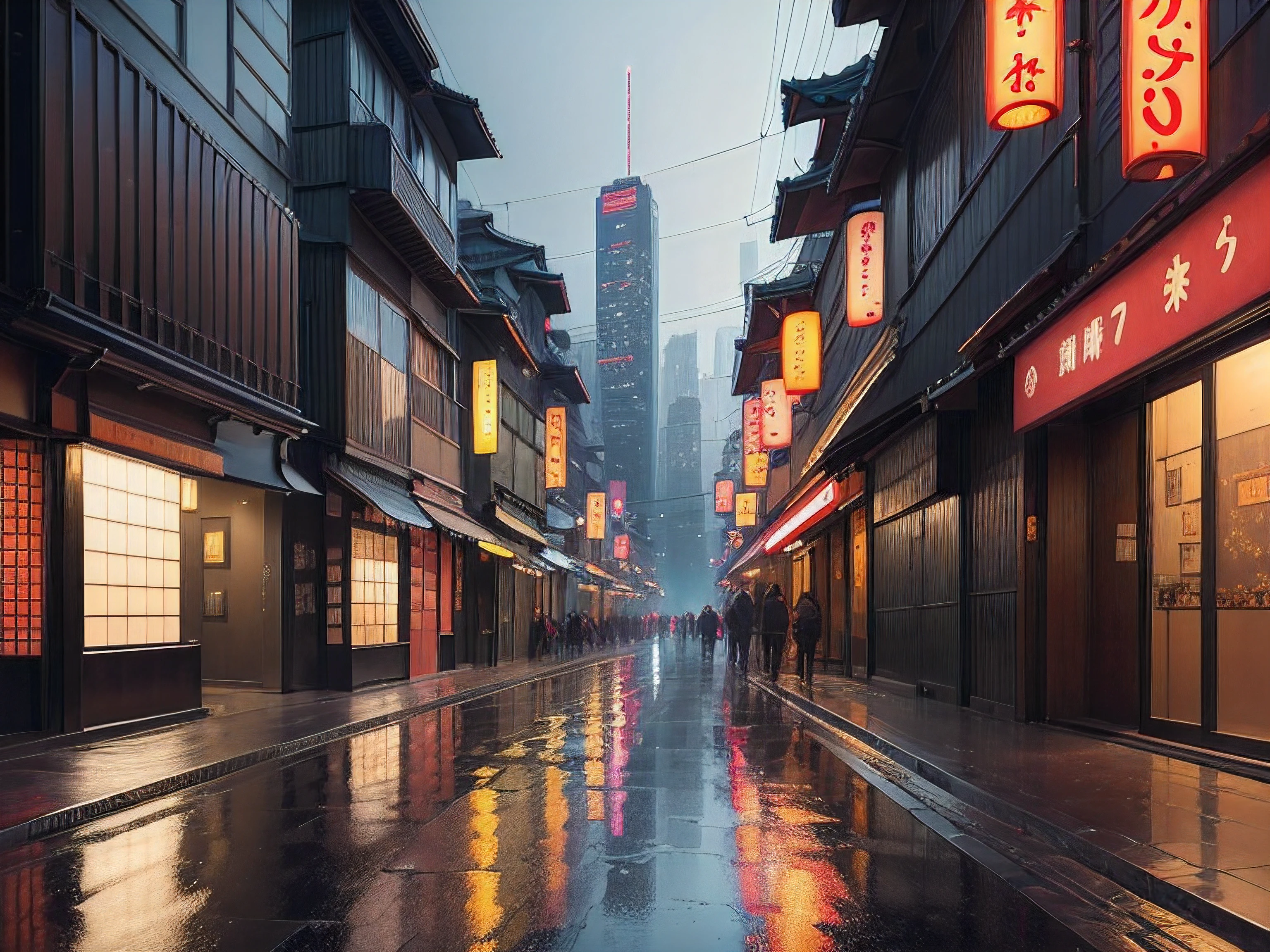 Contemporary urban landscape, a meticulously rendered modern Japanese cityscape with sleek skyscrapers, traditional lantern-lit streets, and bright billboards, midnight ambiance, a brilliant fireworks display lighting up the night sky in vibrant and flawless hues:0.2, an enchanting and impeccably detailed view of a (cosmopolitan Japanese metropolis)1.2 coming alive in the heart of the night, (sleek glass facades)1.3 adorned with (neon signs)1.3 in Kanji characters, (traditional paper lanterns)1.4 gently swaying in the breeze, casting a warm, (softly glowing light)1.2 on the impeccably designed cobblestone streets below, (impeccable reflections)1.3 on the (rain-slicked pavement)1.3, and a (spectacular fireworks display)1.3 bursting with flawless vivid colors and intricate patterns, momentarily turning the darkness into a flawless canvas of brilliance, while (bright billboards)1.3 add dynamic splashes of color and life to the cityscape, capturing a breathtaking and glitch-free moment in time.