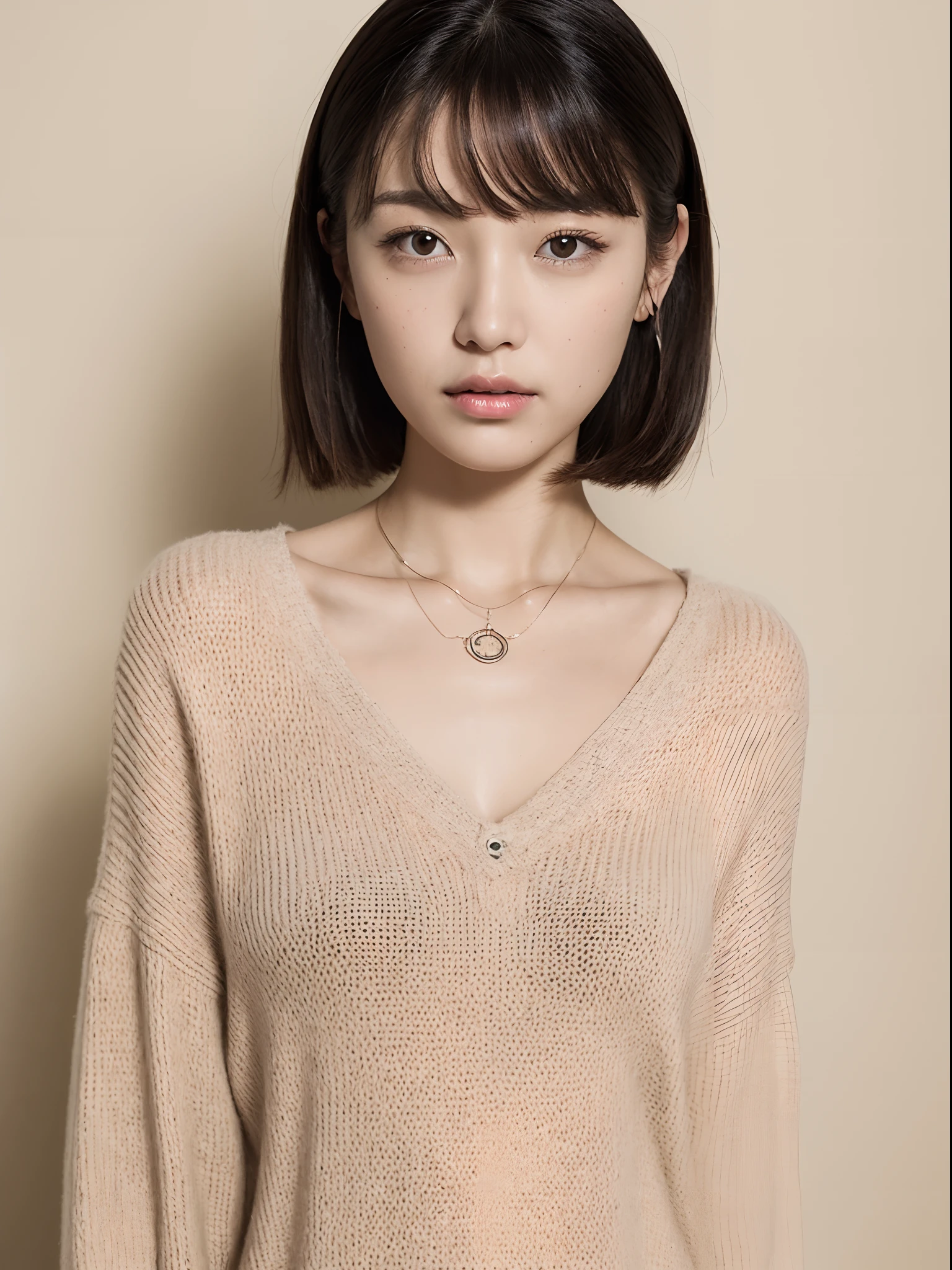 top-quality:1.3、​masterpiece、hight resolution、［1 girl in］、｛独奏｝、fully body photo、((Photorealsitic):1.1)、Real person、mascara, ,(Textured skin, Skin pores:1.1), (Imperfect skin:1.1) intricate detailes, (Unripe, 8K:1.2), Detailed skin、japanes、thin bunches of bangs、Bery short hair、Sweat knitwear、catchlight、piercings、a necklace、white walls
