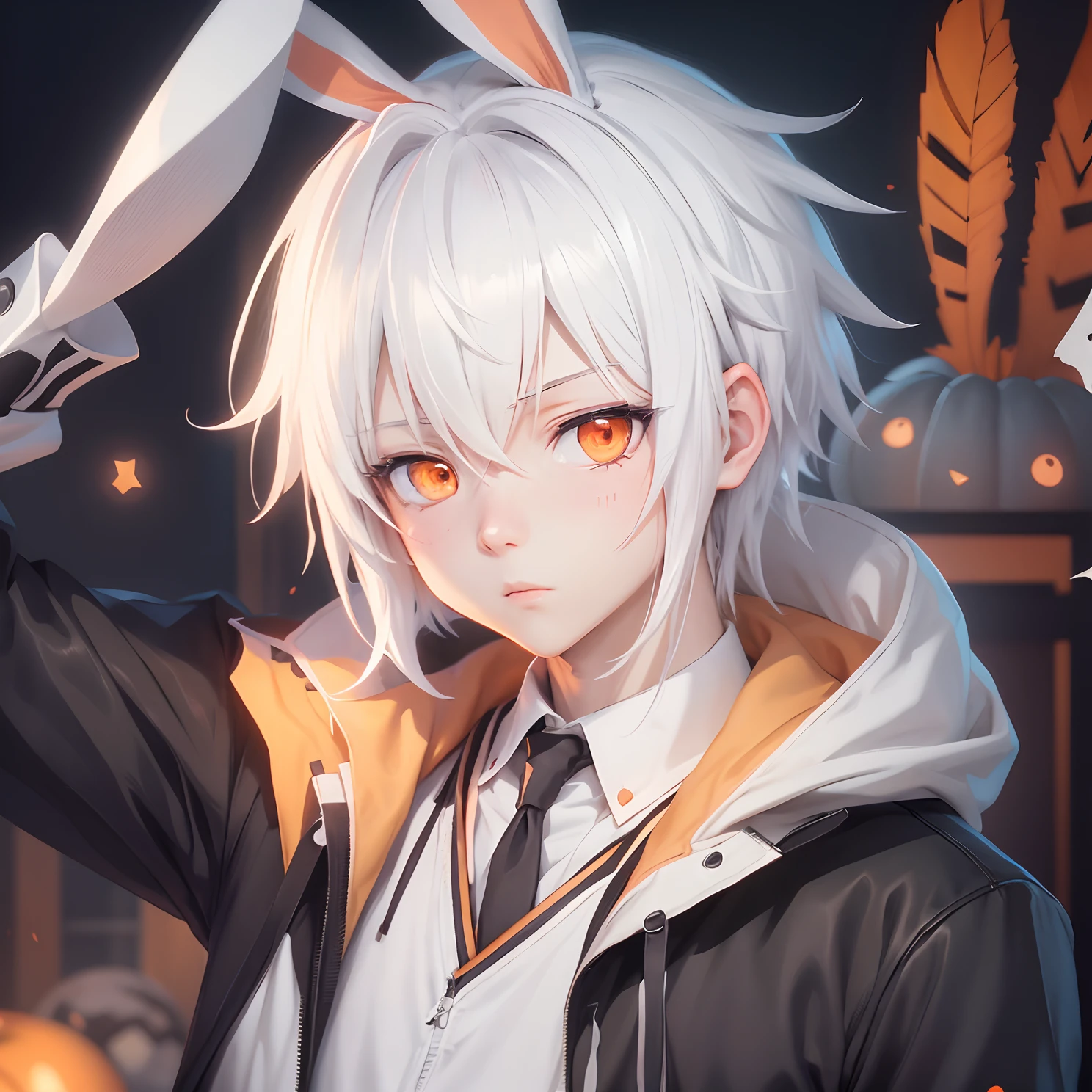 anime boy with white hair rabbit ears and orange eyes, wearing a hollow pumpkin mask, hajime yatate, nagito komaeda, anime style 4 k, 4 k manga wallpaper, best anime 4k konachan wallpaper, from arknights, 4k anime wallpaper, white rabbit, young anime man, white haired, key anime art, anime art wallpaper 4k, anime boy on a Halloween decorated street