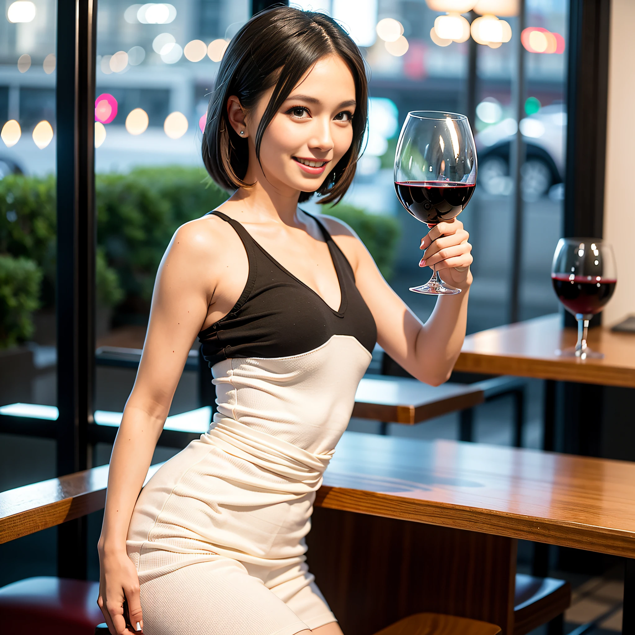 (64K, UHD, top quality, masterpiece: 1.2), (realistic, photorealistic: 1.37), super detailed, pretty woman 1 person, (slim face), (slim body), (brown hair), (short cut), cheeks slightly blushing, (35 years old), 38 years old, solo, beautiful detailed urban night view outside the window, restaurant, wine glasses sit, at night, in a prominent place (from the waist up) NovaFrogStyle, Actress, Model, Waist Up, White Wine, Slim, Wine Glass, Super Clean Night View, Wine Glass Put in the Middle, Happy Smile, (Smile: 1.15), Beautiful Fine Eyes, Upper Body, Bust Japan Up, Night, Short, Short, Actress, Model, Waist Up, White Wine, Slim, Wine Glass, Super Clean Night View, Wine Glass Put in the Middle, Happy Smile,