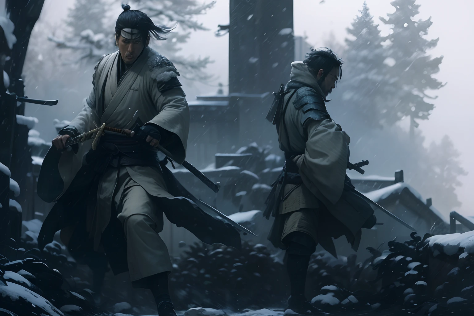 samurais fighting in the snows of winter, Zatoichi, the blind swordsman, snow, falling snow, night, evening, impressionism, hyperdetailed, 24k resolution,