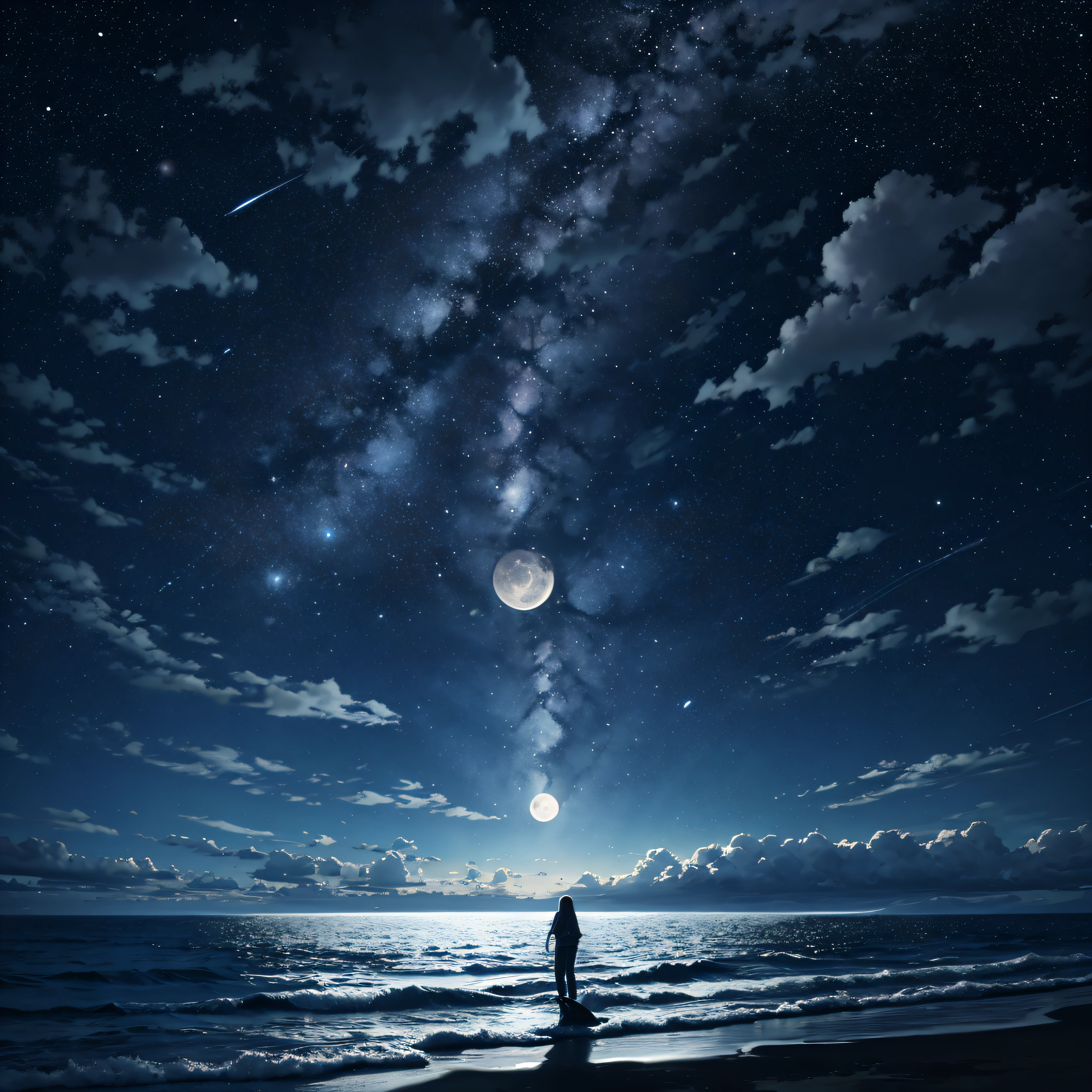 moon, night, sky, full, dark, sea, space, stars, clouds, planet, moonlight, blue, ocean, light, cloud, water, star, nature, landscape, astronomy, black, universe, horizon, bright, fantasy