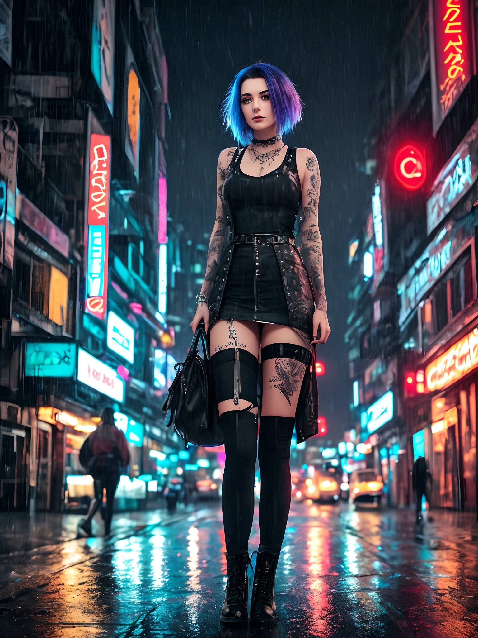 Tattooed woman with cyber prostetic modifiacion, short hair, rainy night ať cyberpunk city