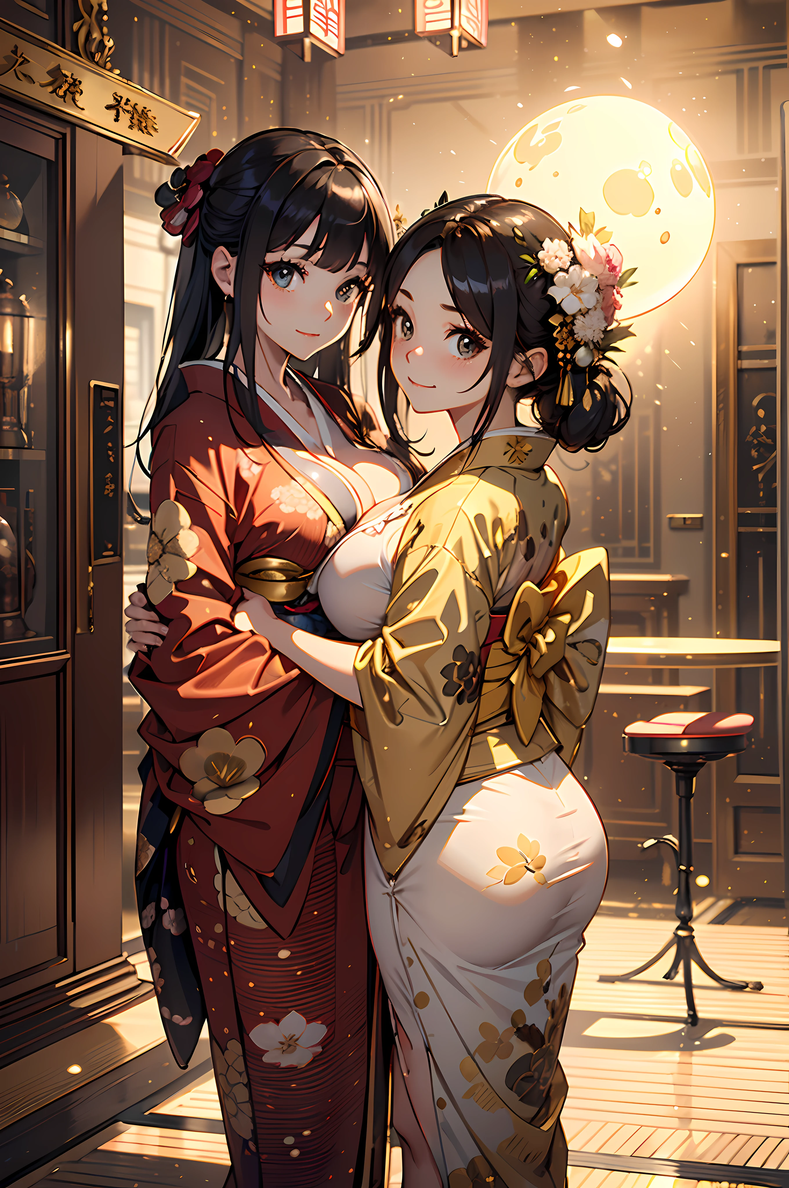 (Masterpiece), (Highest Resolution), (Best Quality), (2 Girls), (Bouquet), (Black Kimono, Big Breasts, Cat Ears, Floral Pattern, Red Eyes, Black Hair, Ponytail), (White Kimono, Big Breasts, Cat Ears, Floral Pattern, Yellow Eyes, White Hair, Twin Tails)