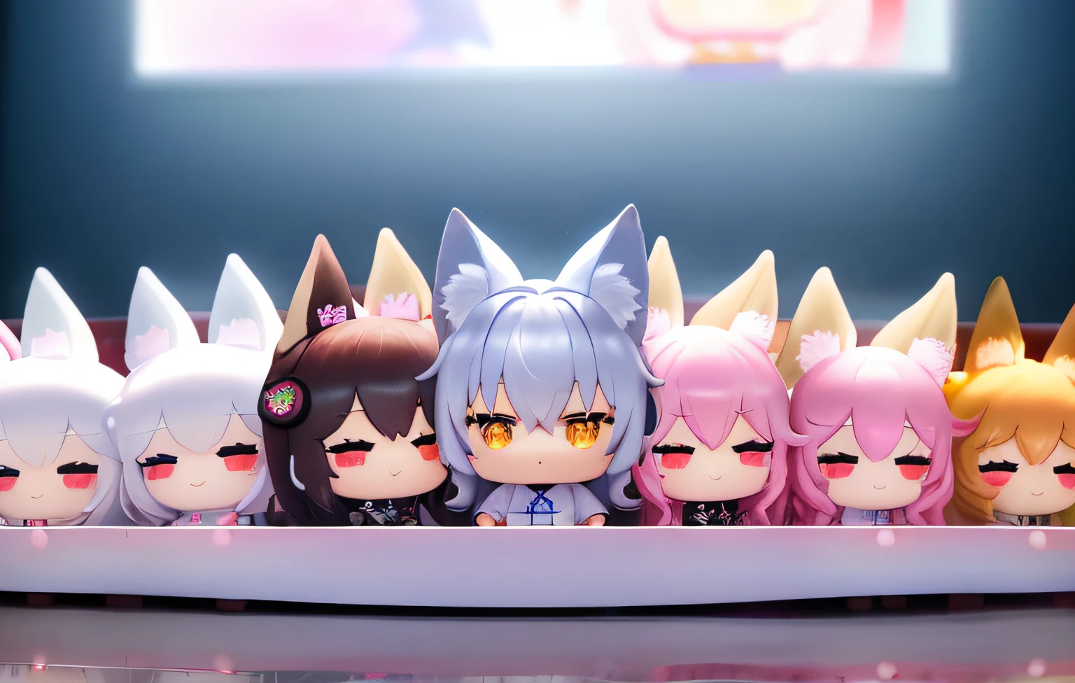 Florist clerk、Pop Mart Blind Box IP、Close up of cute white robe doll、Young One Angel Style、Wear longer, Dress fluently、Lop style、Poseline doll、Little people々々々々々々々々々々々々々々々々々々々々々々々。unreal enginee 5、Light 3D/C4D production: 8K HD quality/illuminating/Ultra-fine lens description 1.5、flawless、Chibi Background/Cinematic。Tuna bowl、macadamia、(((7Foxes get along well)))