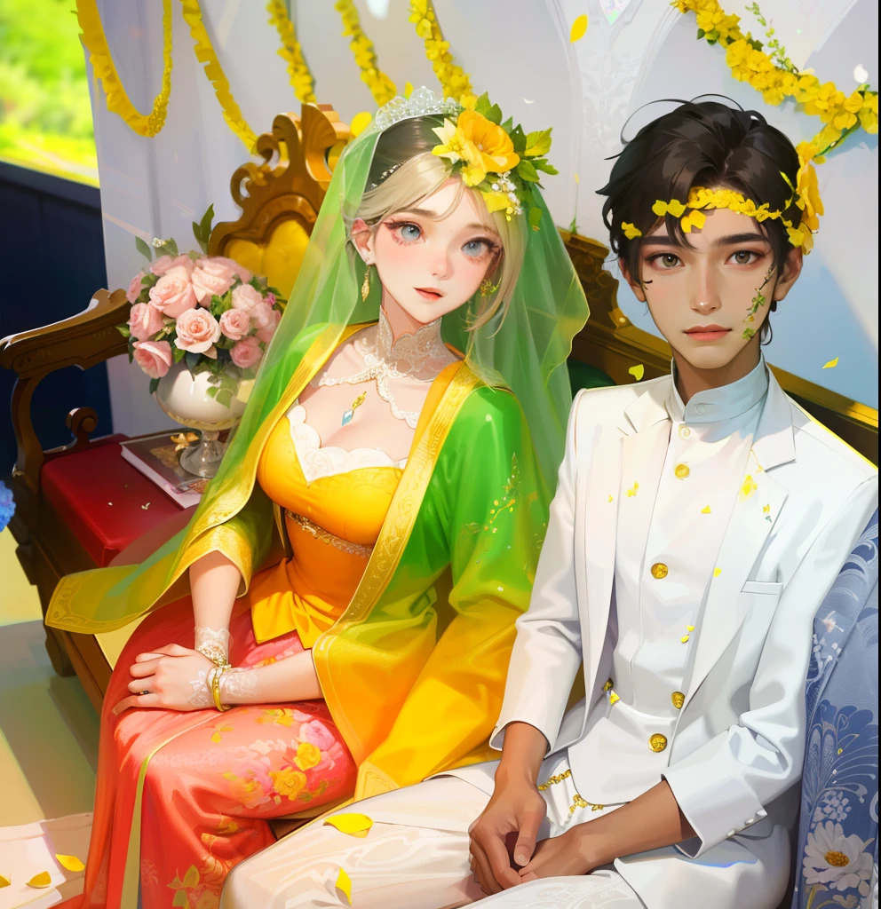 Masterpiece, highest picture quality, a couple, a man and a woman are getting married, men's black suits, women's white wedding dresses, flowers, gorgeous background, handsome boys, beautiful girls, girls show delicate collarbones, girls' breasts are very large, two people look at each other,