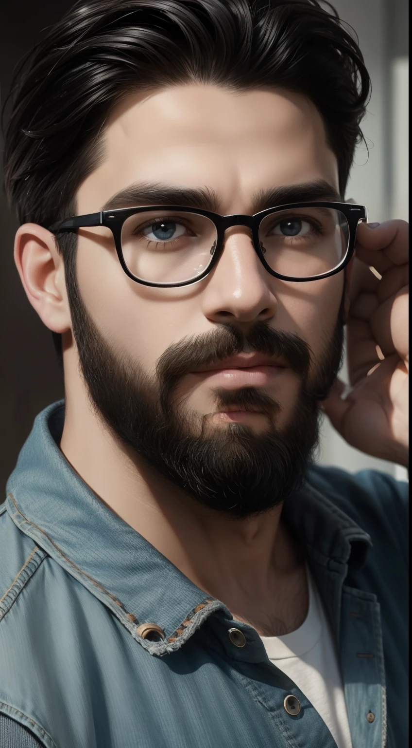 offcial art, Masterpiece, Sharp focus, Young person, Glasses, Beard, Black hair,, Casual clothing, Streaming, personal profile picture