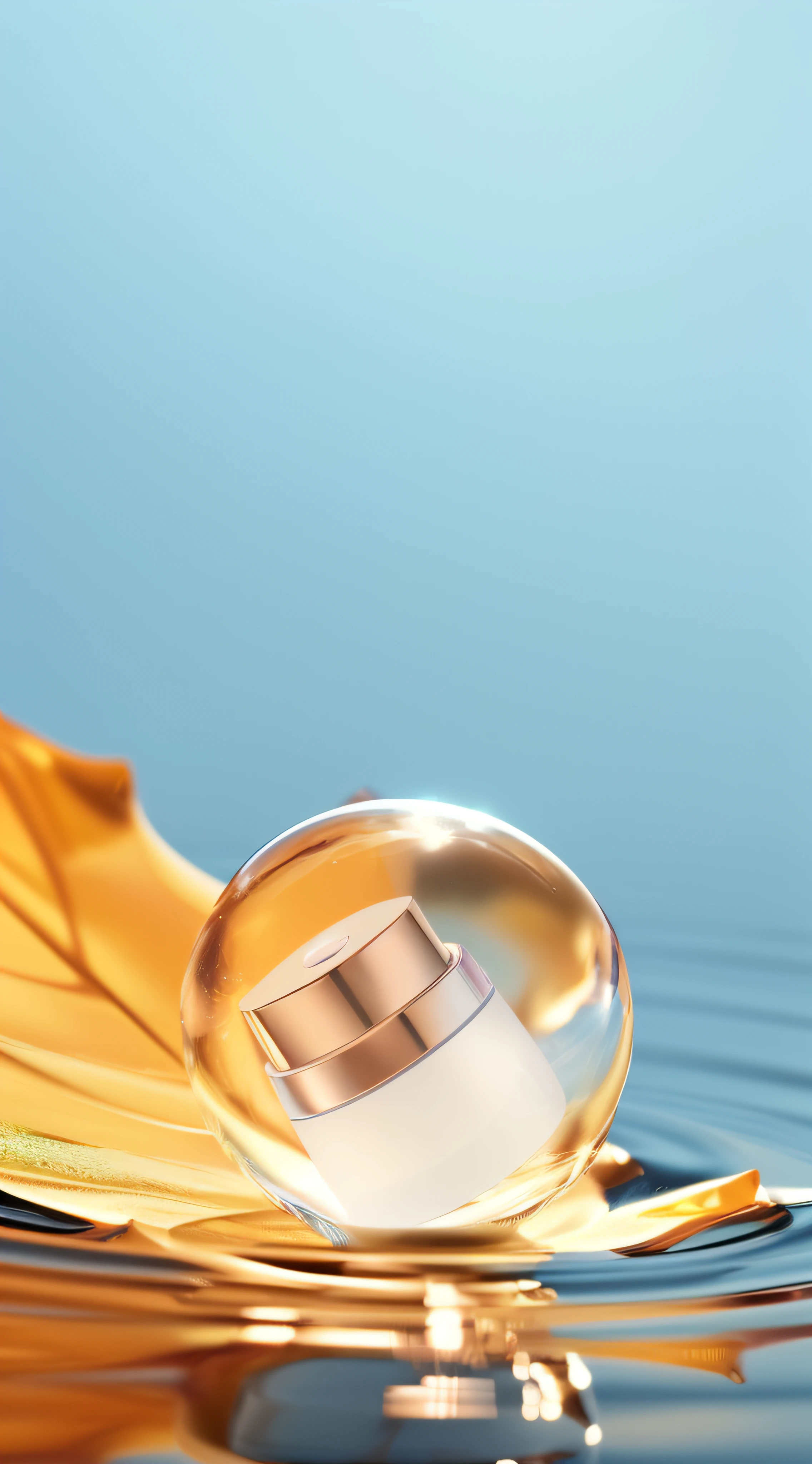 There is a glass ball,There is a ring floating on the surface of the water, high quality topical render, spherical lens, rendered in cinema 4 d, Rendered in Cinema4D, transparent vibrant glowing skin, photoreal render, perfume bottles, clean 3 d render, in style of 3d render, Rendered in V-Ray, Transparent background, glass reflections on top