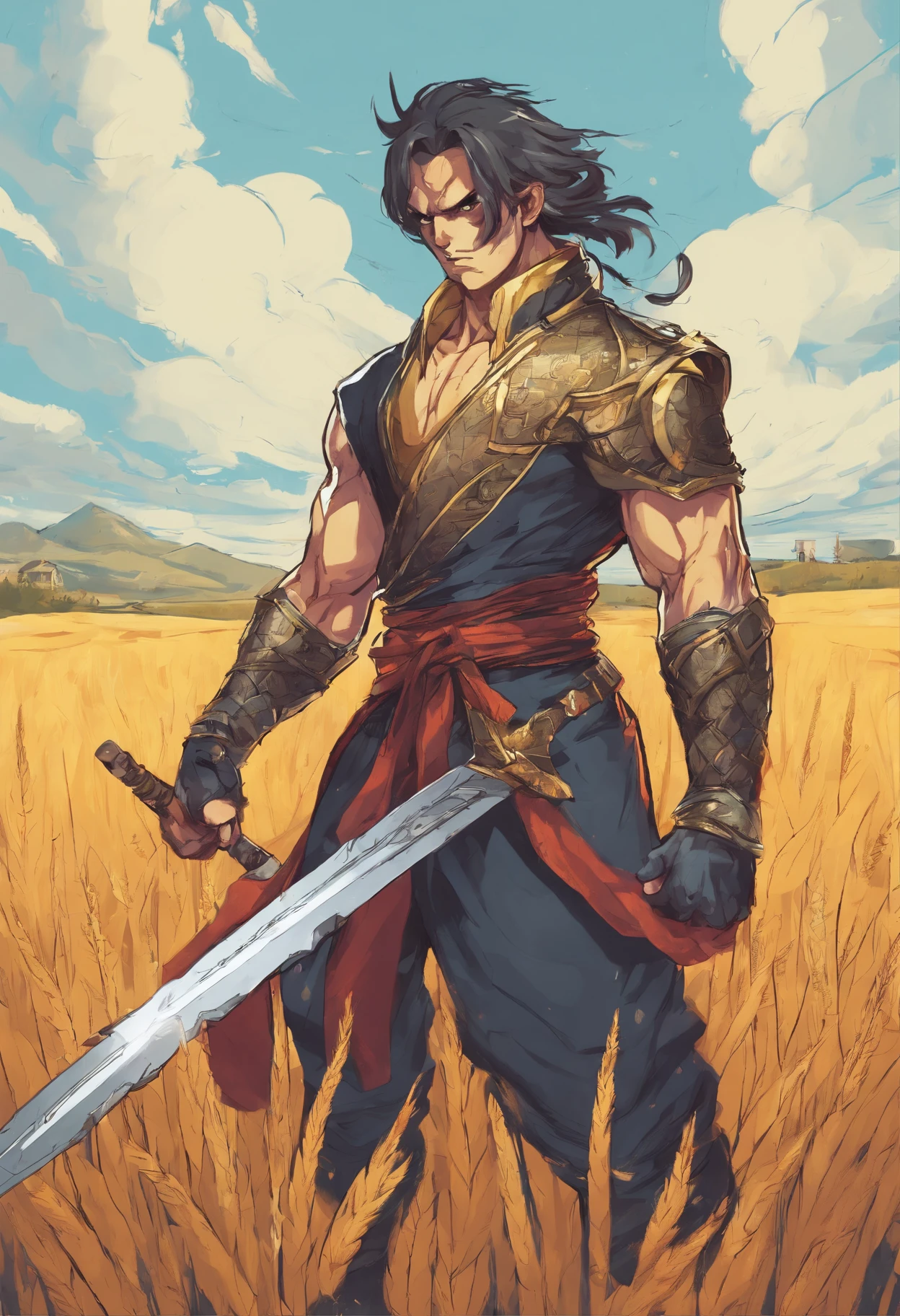 Dark. Fantasy. Gothic. Dnd 5e. Large well built half elf with small pointed ears and a shaved head. Wearing shiny chain mail armour with a long sword sheathed on his belt. Mediterranean shin tone, full body portrait. Standing in along wheat field, large mill in the background as the sun is rising.