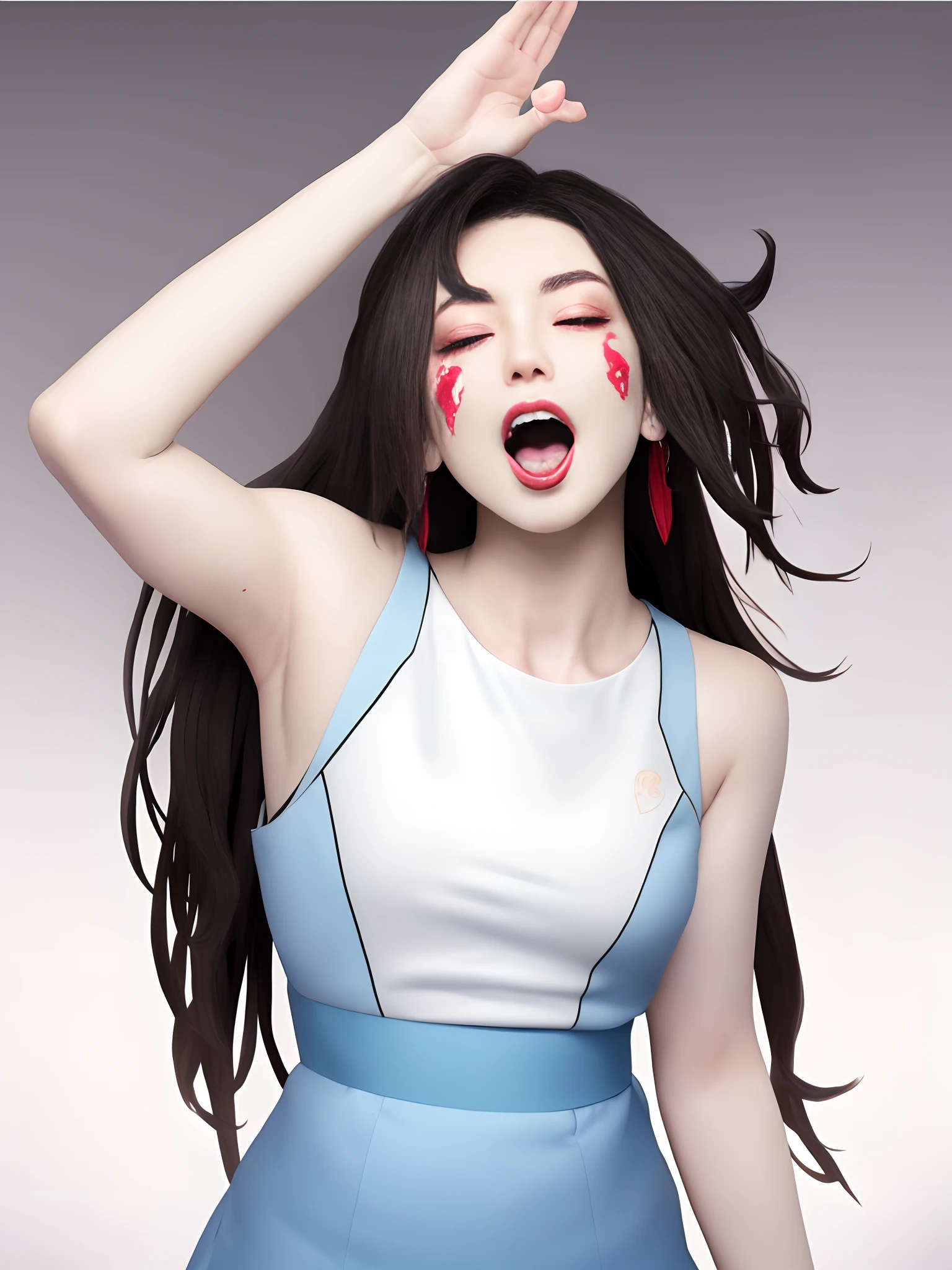 tmasterpiece， Best quality at best， 1girll， 独奏， teardrop， Be red in the face， dreads， scream， and the tongue sticks out， laughingly， with her mouth open， roll eyes， head looking up， full bodyesbian， Armpits， Arms up， （Torso grab， Tickle， mitts， Intangible limbs：1.2）， TKL