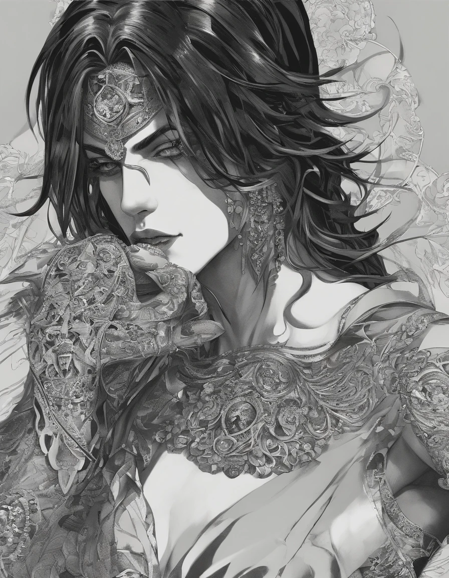 (by Yuko Higuchi, 1.4), Yuko Higuchi, (by Yoh:1.2), (Masterpiece, Best Quality, Official Fine Art, Beauty and Aesthetics :1.2), (Super Detail), Fine Detail, Best illustration, Hand-drawn high quality, (high contrast), (Clean Lines :1.3), (Line art), Line drawing, (complex lines), ligne claire, fractal art, strokes, Ukiyo-style, (full-length portrait, extreme close-up :1.1), (Muscular man, wearing only a see-through thong :1.1)(He is surrounded by dead trees :1.1), supermodel's perfect features, full body display (close-cropped hair, stubble), Corpose MONEY BOY, surround composition, flat chest, mysterious night, extremely provocative and sexy (adds detail), (detail background :1.2), (color), high resolution, extreme detail portrayal