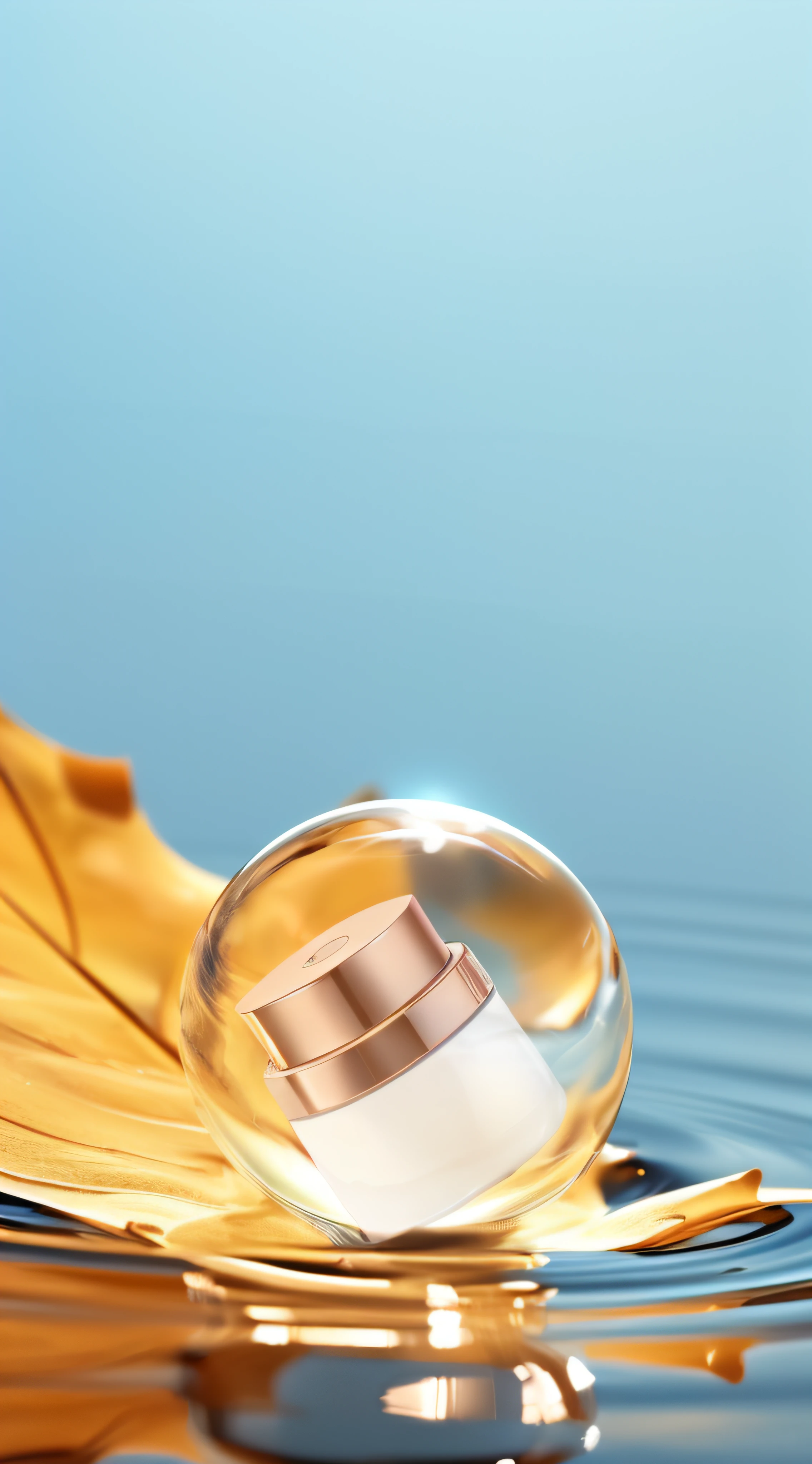 There is a glass ball,There is a ring floating on the surface of the water, high quality topical render, spherical lens, Rendered in Cinema4D, rendered in cinema 4 d, transparent vibrant glowing skin, photoreal render, perfume bottles, clean 3 d render, in style of 3d render, Rendered in V-Ray, Transparent background, glass reflections on top