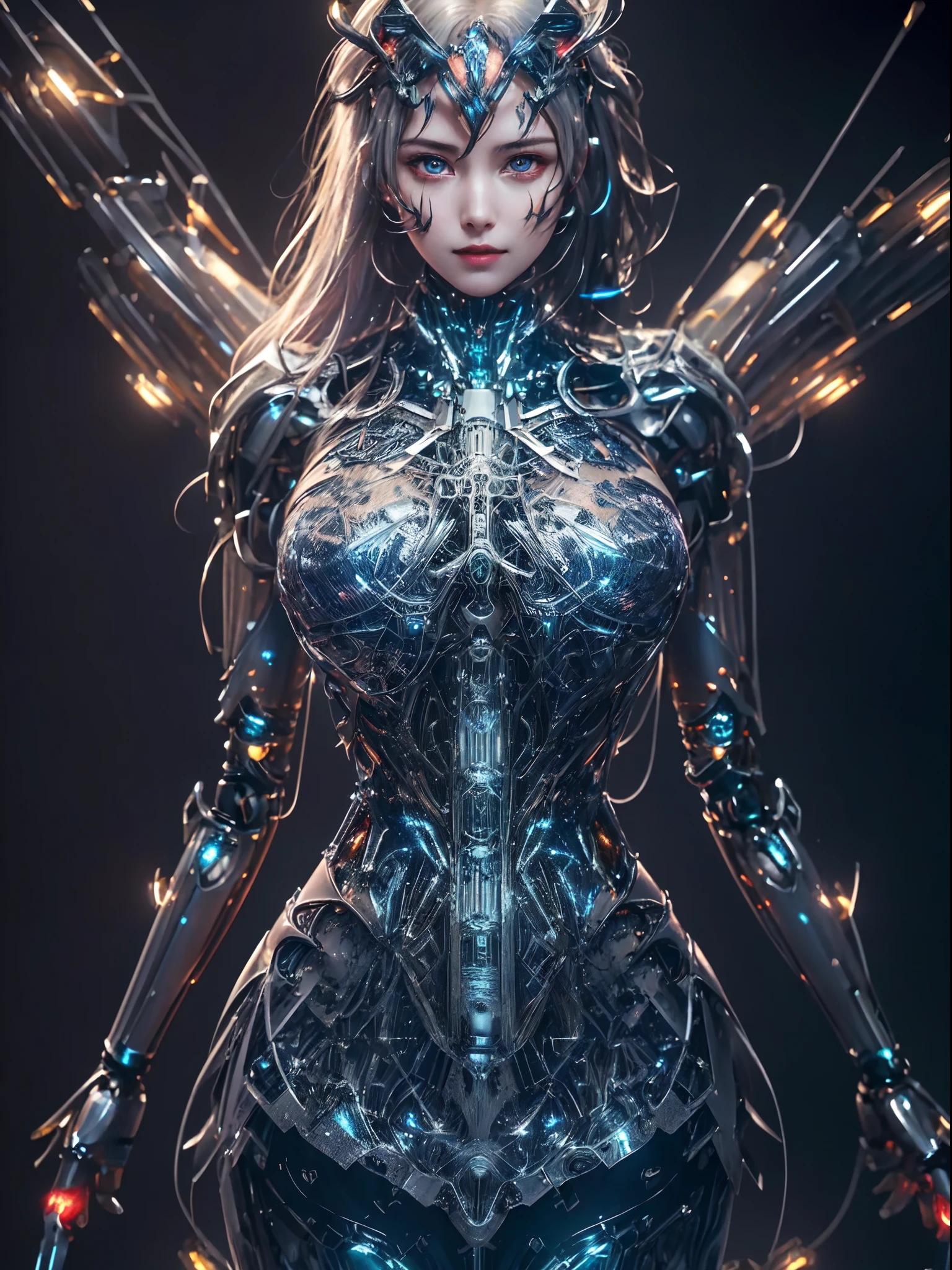 Ultra-Realistic Capture,18k,RAW Photos,Highest quality,masterpiece,reality,Very detailed,Female Android,Glamour,Her whole wet body is visible,(((whole body:1.5))),((Beautiful Skin, Transparent glass skin,Transparent muscles)), ((Clear images of electronic systems)), Detailed Brain Vision, Numerous detailed connection lines, Mechanical Limbs, Tubes connected to machine parts, Mechanical vertebrae attached to the spine, Mechanical cervical attachment to the neck,Joints are mechanical,Numerous wires and cables connected to the head, (whiteい液体のプールの中で), cybernetics, cyber punk,Sharp focus, Hyperrealism, Very detailed, Intricate details,Small glowing LED lamp, Global Illumination, Deep Shadow, Octane Rendering, Ultra Sharp, Metal, Exquisite decorative details, Baroque details, reality的な光, To the camera, Neon Details, Complex body poses, A breathtakingly beautiful female humanoid cyborg android, Impressive big eyes, Delicate features, Future SF, Complex transparent mechanical parts, Numerous glowing cybernetic implants throughout the body, Active Pause, Surreal, reality的, masterpiece,Cinema Lighting, Dramatic Shadows, Vibrant colors, very saturated, Neon Highlights, Glowing Energy Field, Complex Machinery, Sleek and modern, State-of-the-art technology, Advanced AI, Seamless integration of organic and mechanical elements,Portraiture,((Very long hair)),Long legs,Standing on tiptoes,Wet Hair,Disheveled Hair,white,