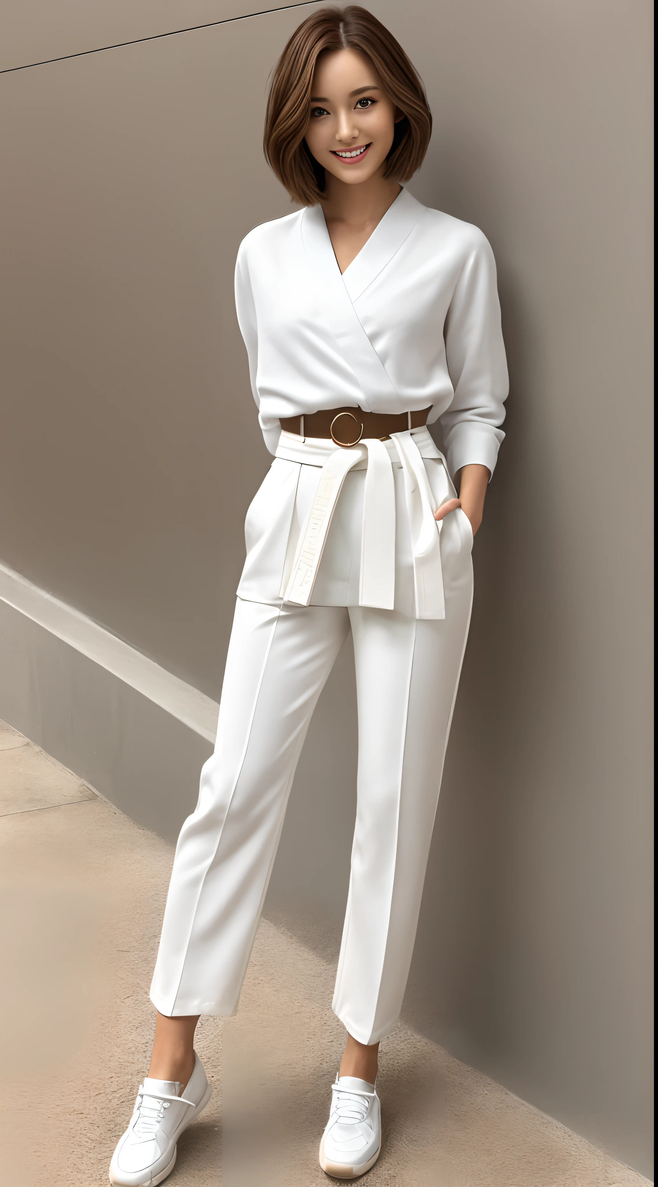 (Photorealsitic)(), Perfectly beautiful woman, (Full body 8K portrait), White Karate Uniform, White karate pants, Large bust,Stand alone, Perfect facial detail, (Smile: 1.15), attractive beautiful face, gazing at viewer, a small face, 二重まぶた, Beautiful detailed eyes, long eyeslashes, ligh brown hair, Bob Style Hairstyles, Toned waist, Beautiful thin legs, toned ankles, bare-legged ,TOKYOcty