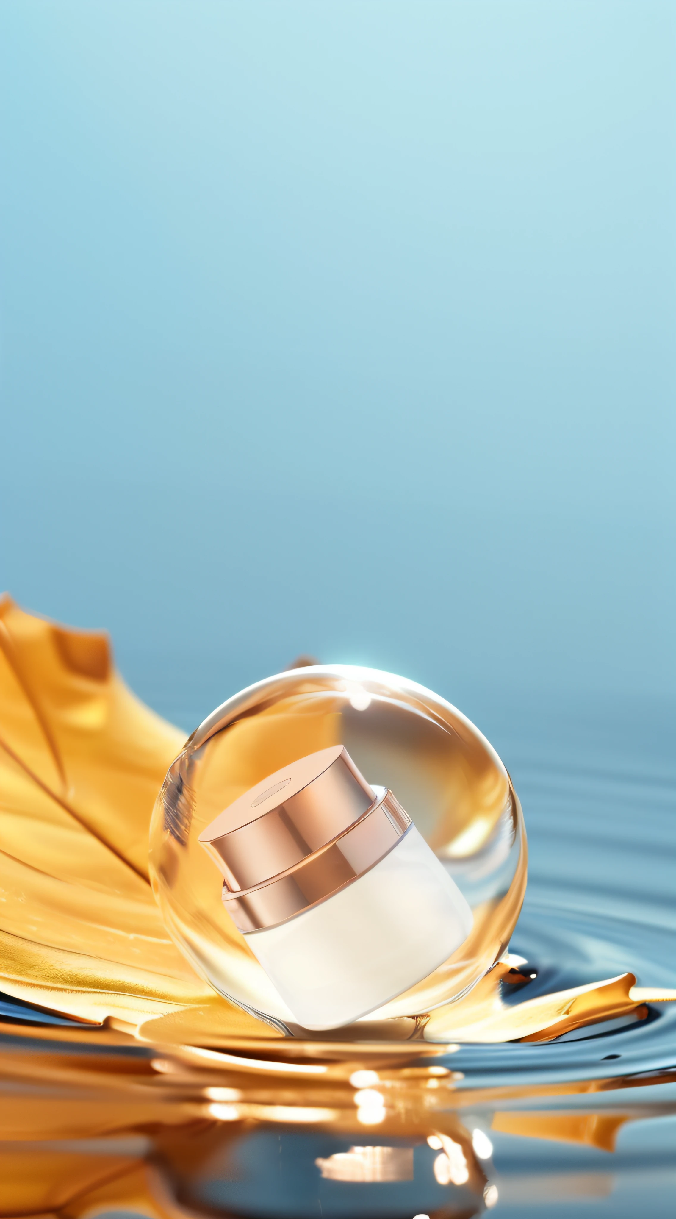 There is a glass ball,There is a ring floating on the surface of the water, high quality topical render, spherical lens, Rendered in Cinema4D, rendered in cinema 4 d, transparent vibrant glowing skin, photoreal render, perfume bottles, clean 3 d render, in style of 3d render, Rendered in V-Ray, Transparent background, glass reflections on top