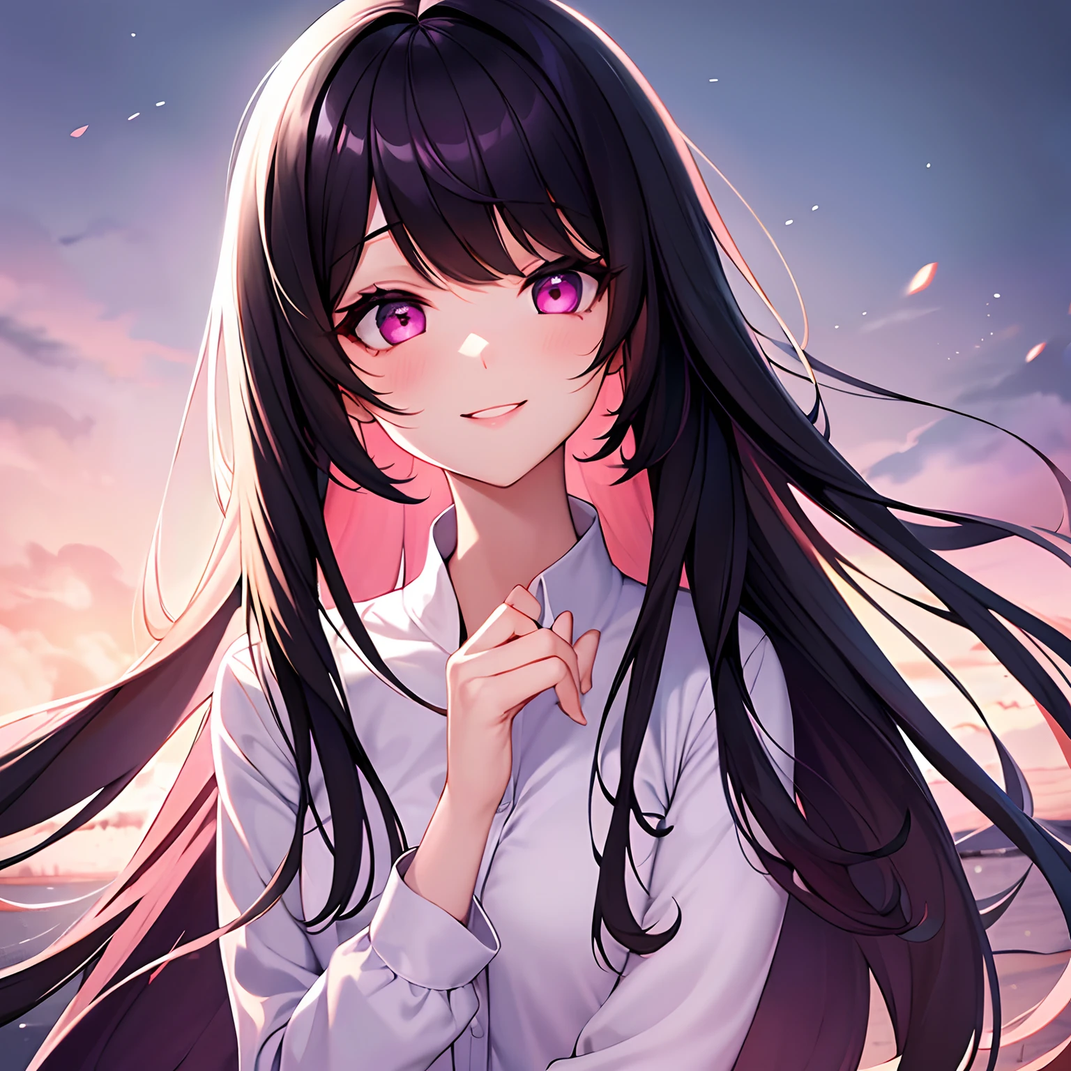 girl with、A dark-haired、long、fluffly、shirt、beauitful face、A slight smil、Pink eyes