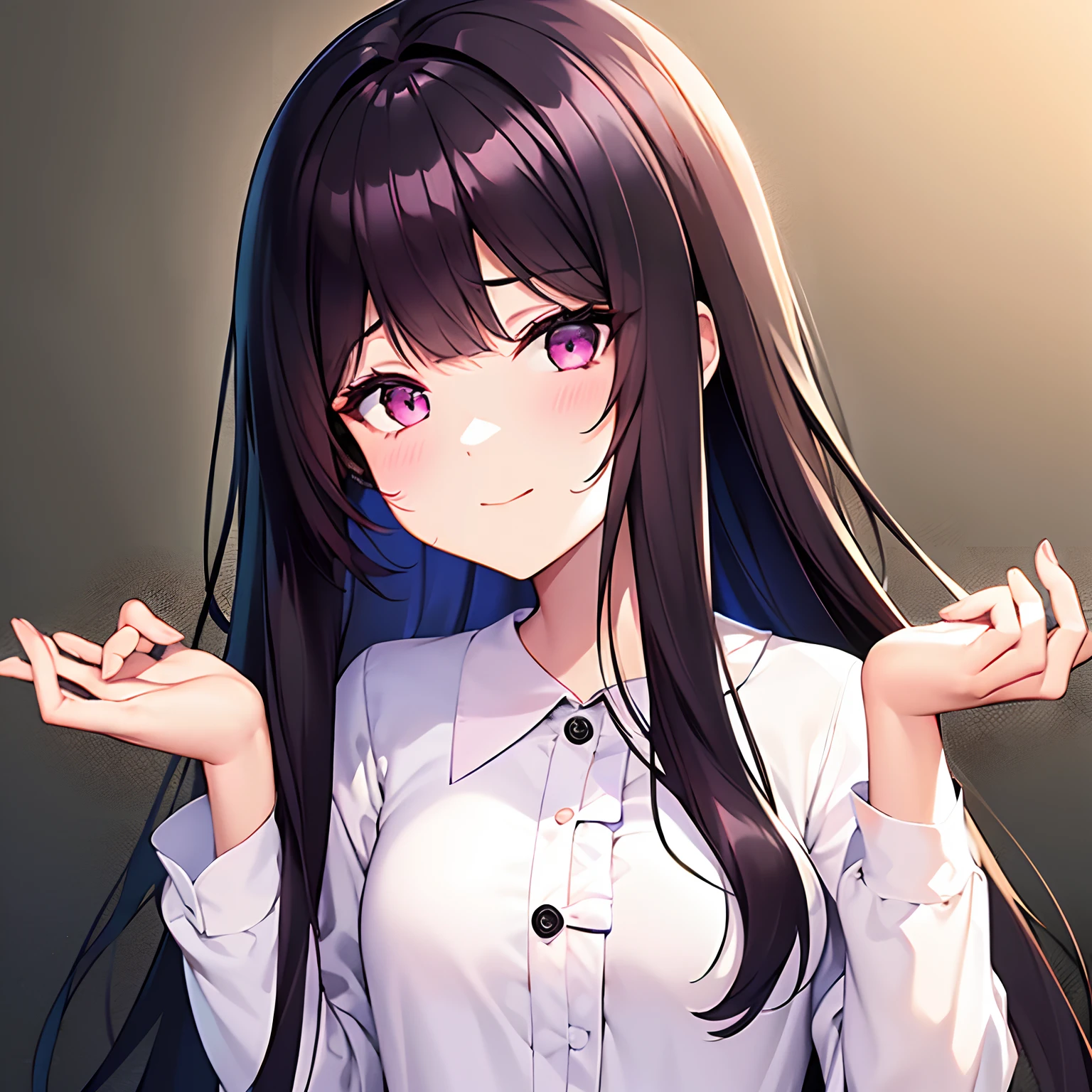 girl with、A dark-haired、long、fluffly、shirt、beauitful face、A slight smil、Pink eyes