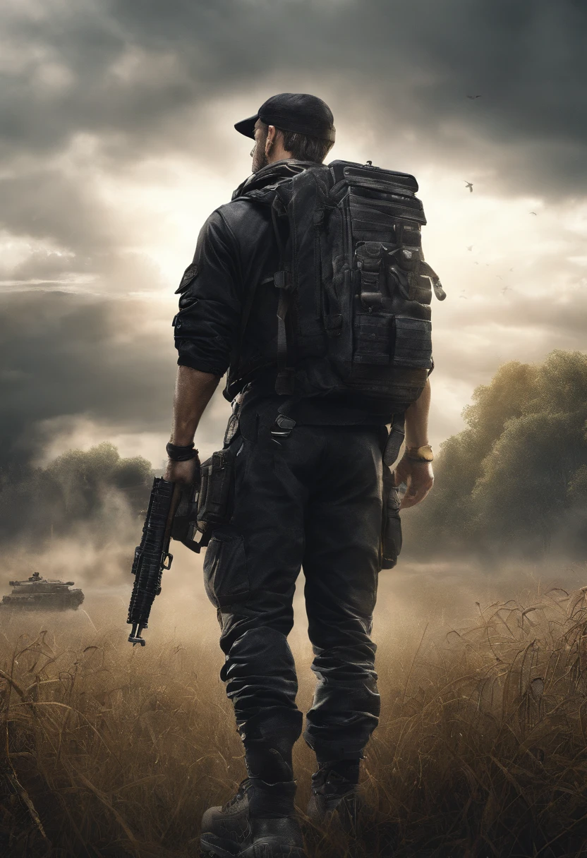 UHD,8K, man standing in open field facing treeline, wearing black military clothes,white shoes, gun on his back, surviving the apocalypse, survival,bright