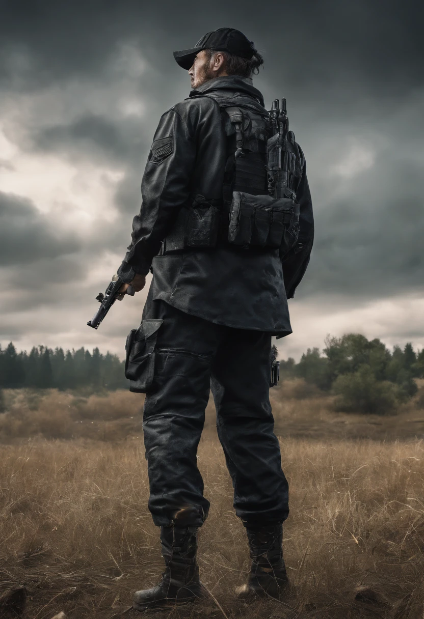 UHD,8K, man standing in open field facing treeline, wearing black military clothes,white shoes, gun on his back, surviving the apocalypse, survival,bright