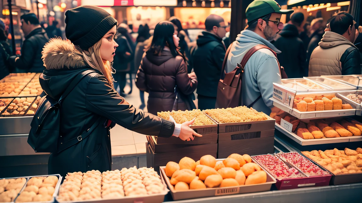 close shot of people buying on stall, busy street, new york, daylight