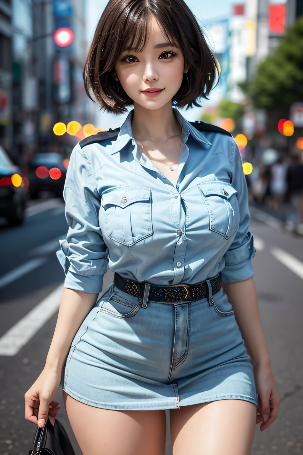 (1police woman), ultimate beautiful mature, hyperdetailed face, detailed eyes, Double eyelids, detail lips, short brunette hair, (Light blue fancy blouse), (black tight mini skirt), (big breasts), light-smile, thighs thighs thighs thighs, standing, ((cowboy shot)), depth of field, Perfect litthing, (Photorealsitic:1.4), (ultra-detailliert), (top-quality), (Best Shadows), (masterpiece), Ultra High Resolution, Background with: (Tokyo city)