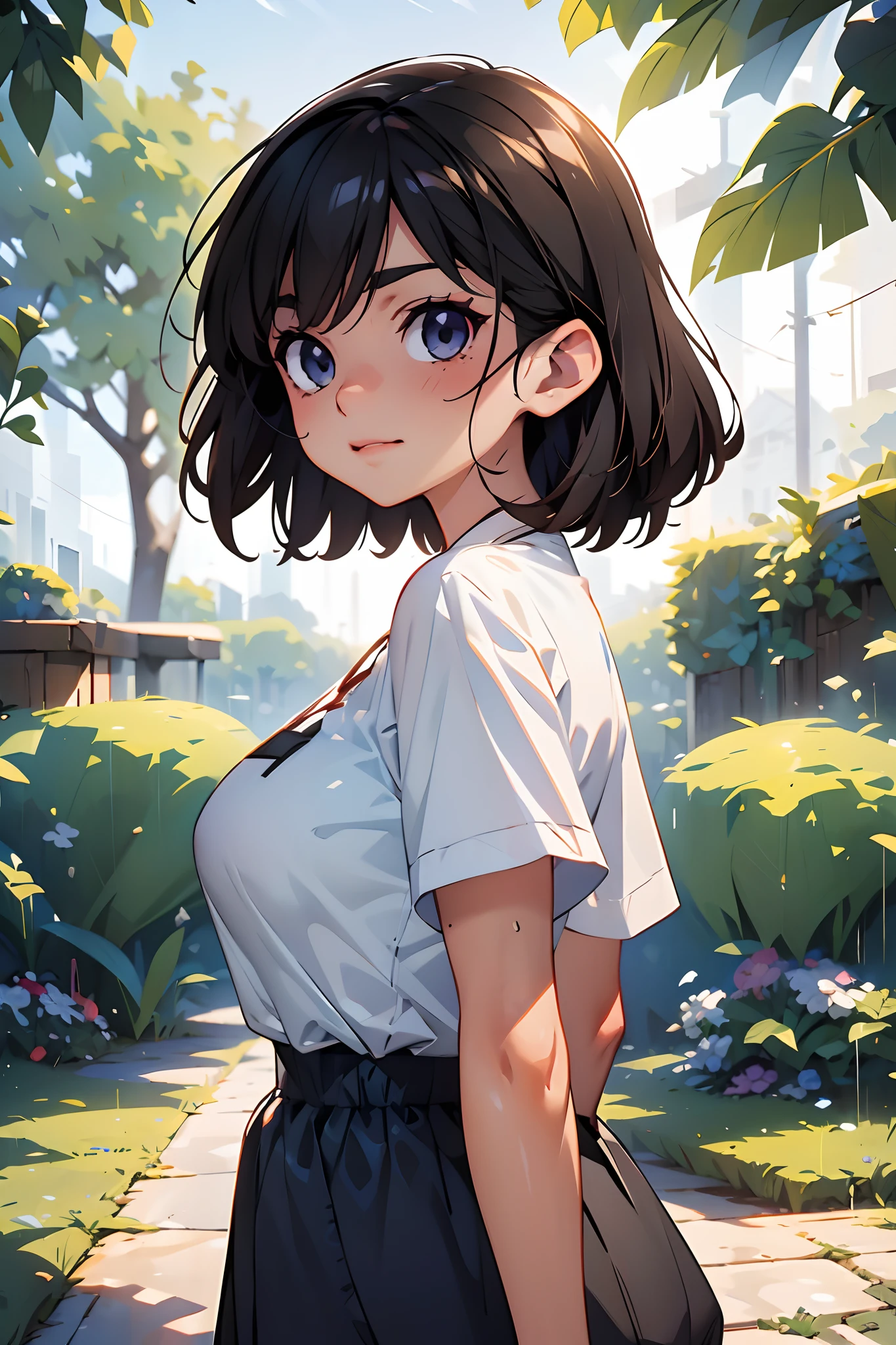 anime big breast,(face),(Beautiful detailed eyes), Black hair,Silver Eyes, Masterpiece,view the viewer, Best_quality,White background,Masterpiece,White shirt, arms back behind,