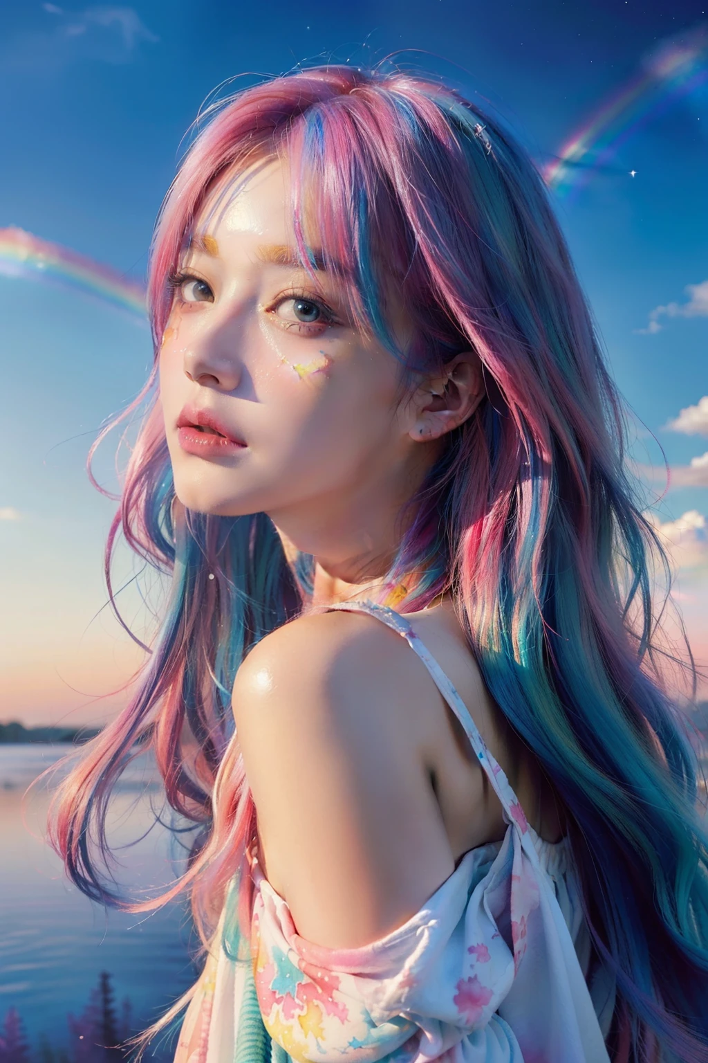(masterpiece, top quality, best quality,watercolor (medium),official art, beautiful and aesthetic:1.2),(1girl:1.3), (fractal art:1.3),upper body, from side, looking at viewer,patterns,(rainbow color Hair,colorful hair,half blue and half pink hair:1.2),water,liquid, cloud,colorful, starry,stars,