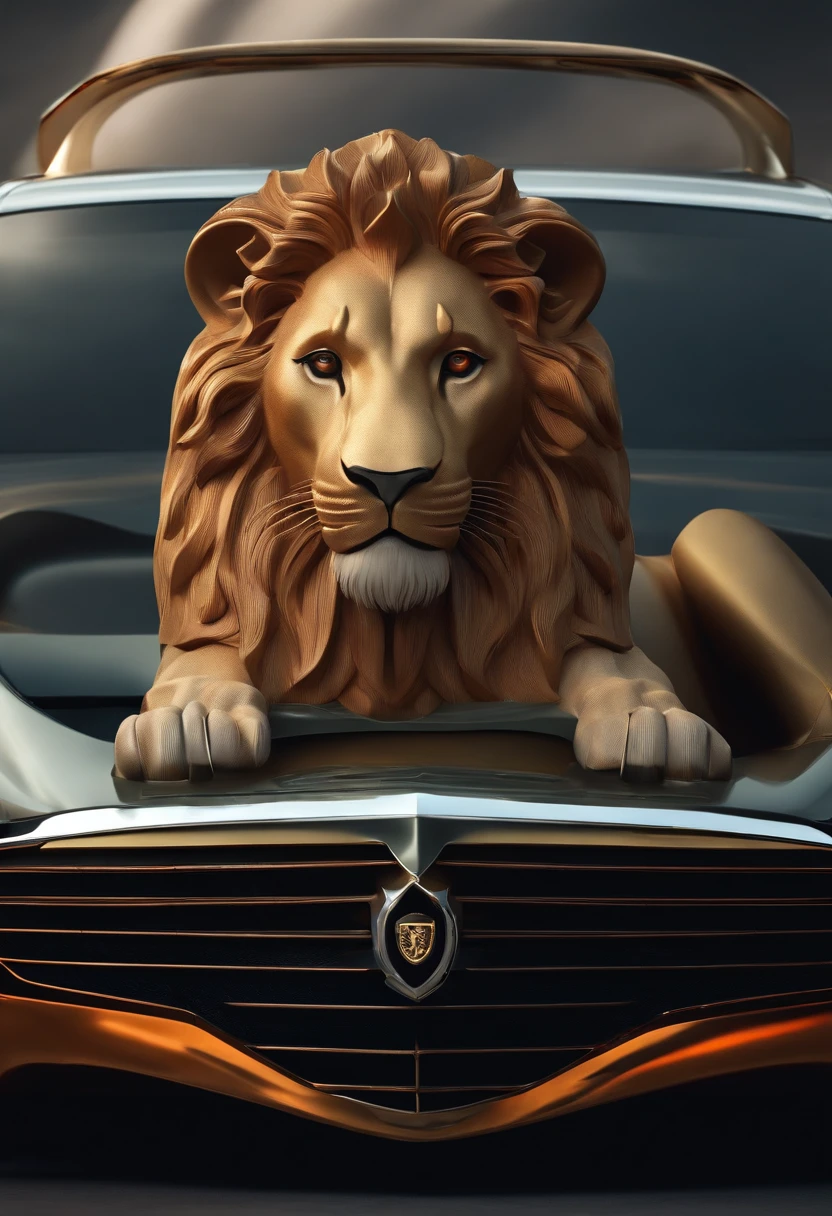 a car design Inspired by the lion's head,the car must be practical with windshield, The form and feeling of the lion's head should be shown in the design and form and lines.
