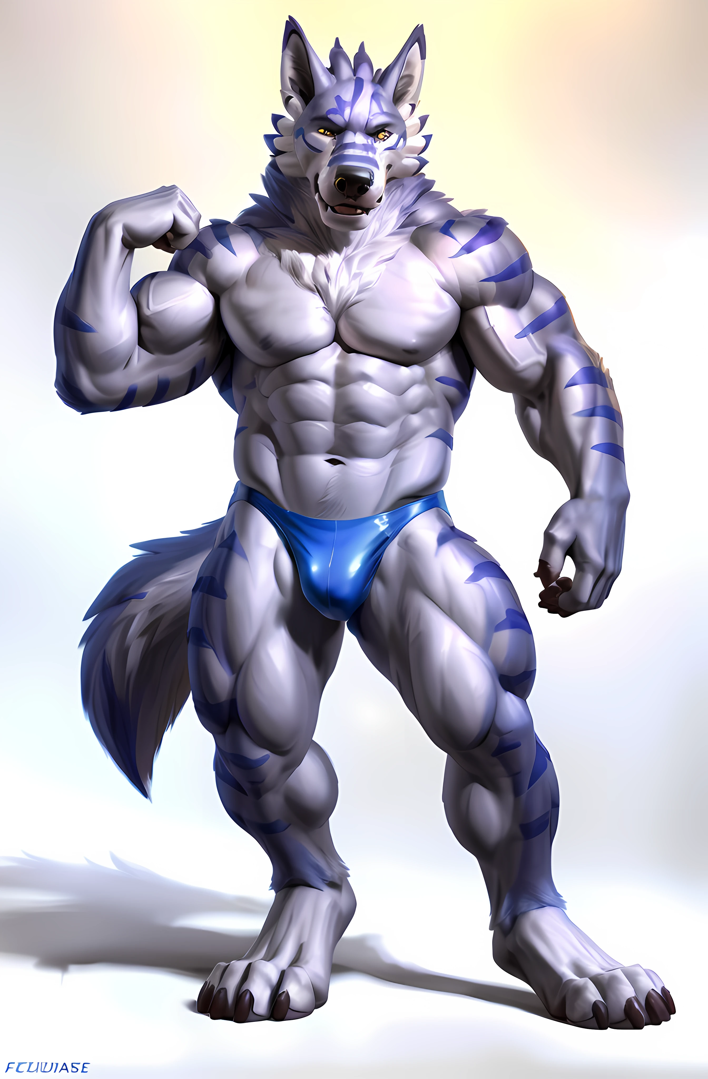 weregarurumon, 4k, high resolution, best quality, posted on e621, solo, anthro body, bare chest, male, adult, very masculine, (very muscular, very defined muscles, strong pectorals, thick pecs, muscular arms, muscular legs, heavyweight:1.4), correct anatomy, (white background, no background:1.2), (by wfa:0.6), (by spelunker_sal:0.6), (taran fiddler anatomy, chunie lighting:1.0), (speedos, bulge:1.2), (detailed wolf eyes:1.2), (detailed shading, photorealistic shading, masterpiece:1.2), confident, proud, strong pose, cocky, (flexing muscles:1.0)