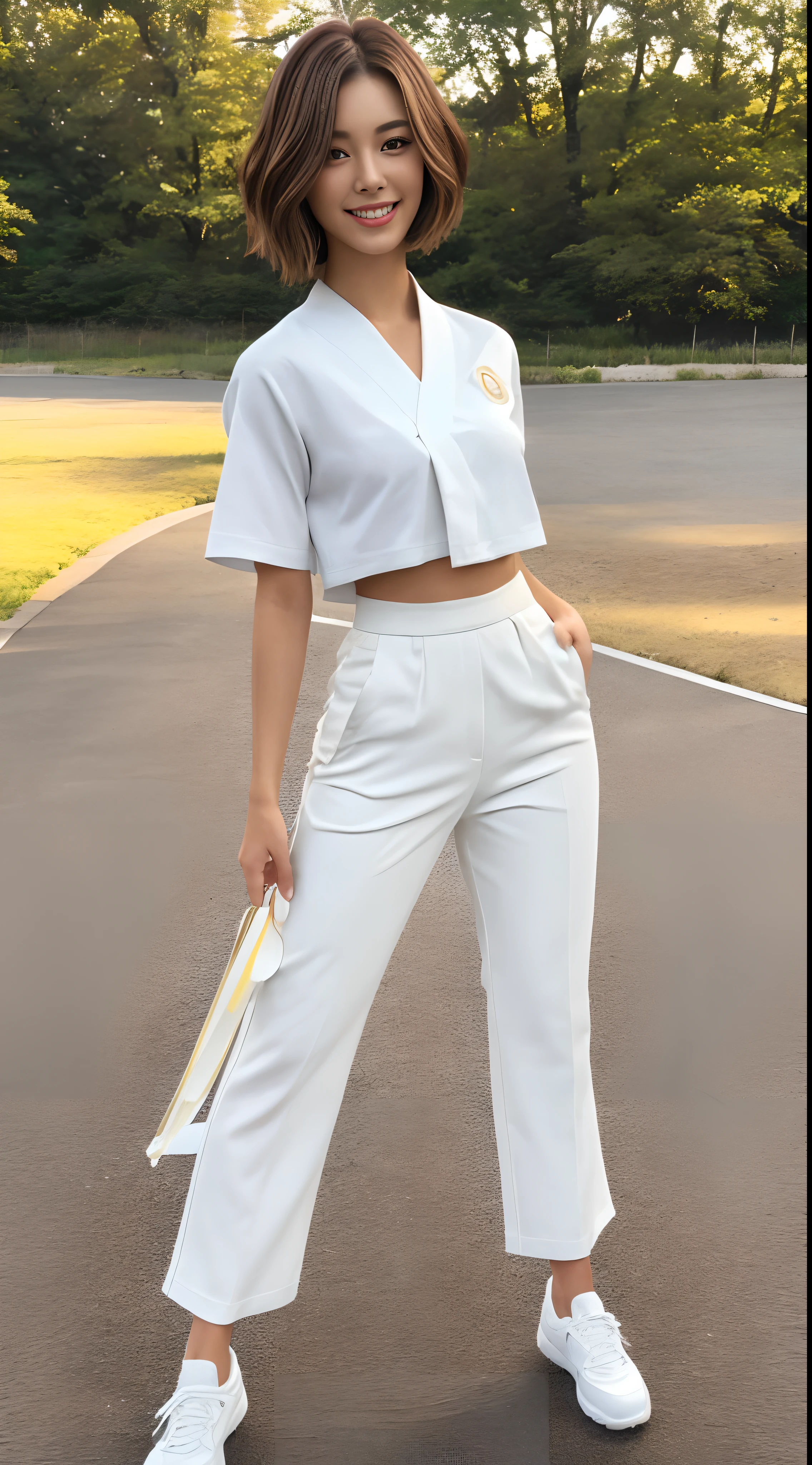 (Photorealsitic)(), Beautuful Women, (Full body 8K portrait), White Karate Uniform, White karate pants, Large bust,Stand alone, Perfect facial detail, (Smile: 1.15), attractive beautiful face, a small face, 二重まぶた, Beautiful detailed eyes, long eyeslashes, ligh brown hair, Bob Style Hairstyles, Toned waist, Beautiful thin legs, toned ankles, bare-legged ,TOKYOcty