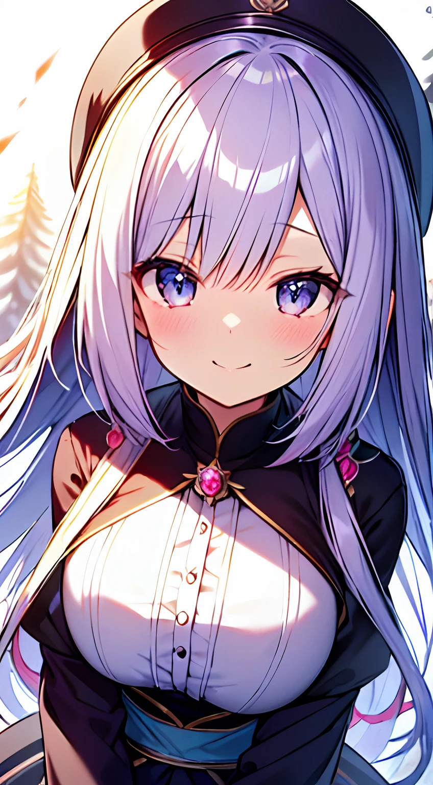 masutepiece, Best Quality,Illustration, Wallpaper, ultra -detail, Absurd beauty, 1beautiful girl、Bright hair color、Glitter and big eyes、Hair fluttering in the wind、ample breasts、♡、Smaller head、Winter scene、miscievous smile、bustup、Chibi:1.3