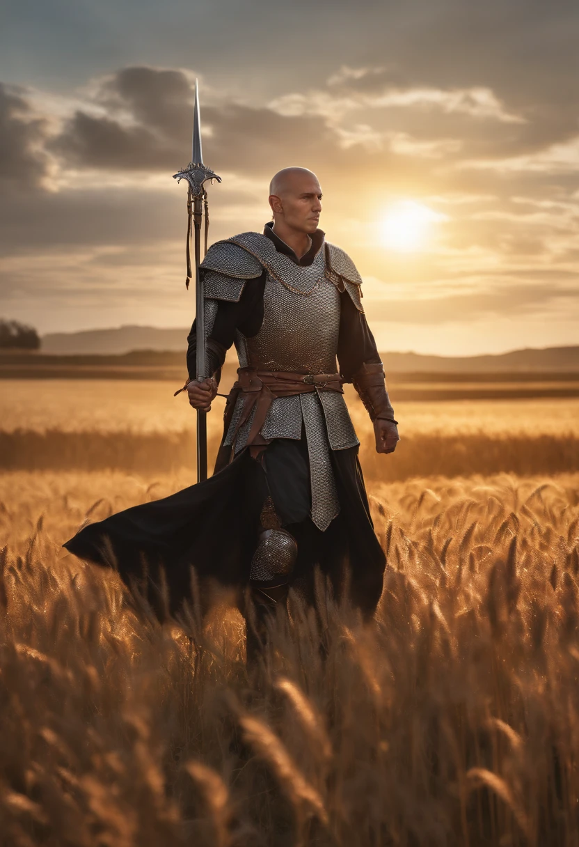Dark. Fantasy. Gothic. Dnd 5e. Large well built half elf with small pointed ears and no hair/shaved head. Wearing shiny chain mail armour with a long sword sheathed on his belt. Mediterranean shin tone, full body portrait. Standing in a long wheat field, large mill in the background as the sun is rising. wallpaper art, UHD wallpaper