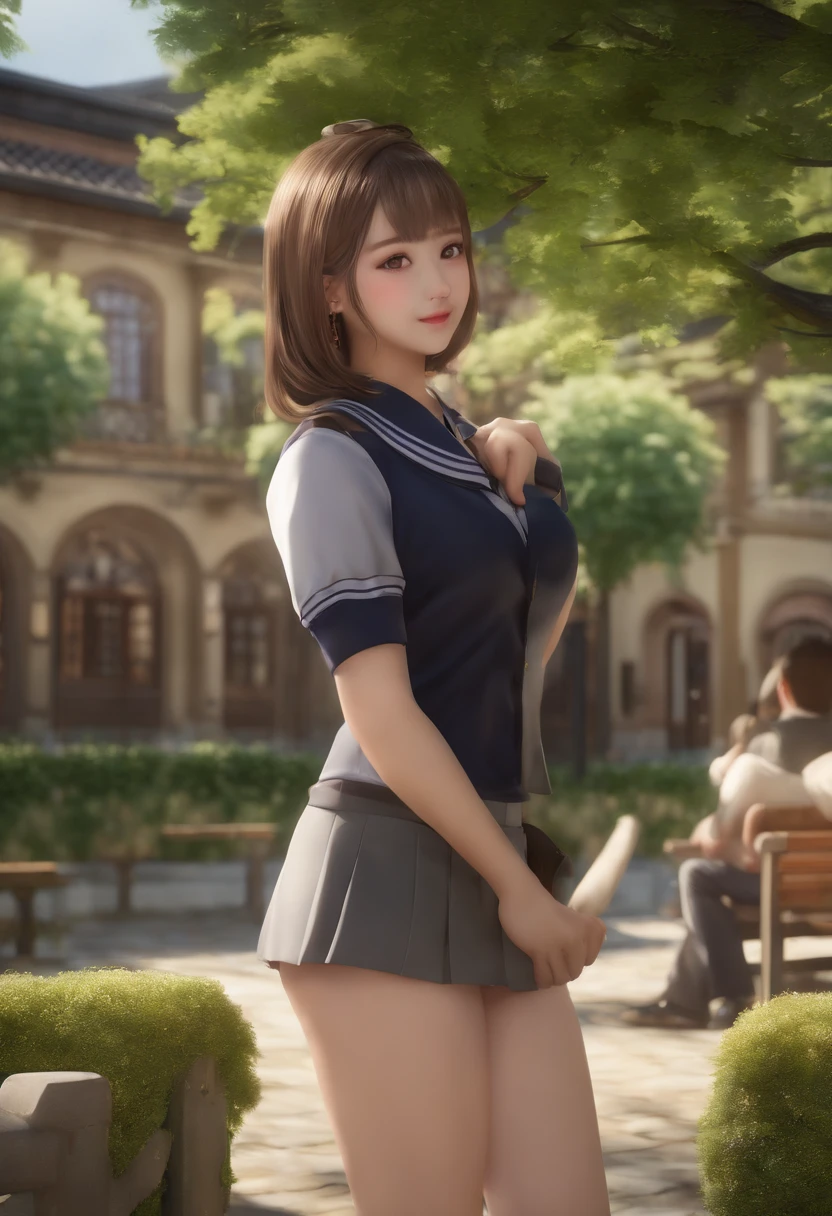 ((masterpiece:1.4, best quality)), ((masterpiece, best quality,8K)), (photo realistic:1.4), ((1Girl, Japanese girl, high school girl)), ((flat chest:1.3)) , ((Pubic hair: 1.2, highly detailed pubic hair)), ((Plump: 1.2, belly fat: 1.2)), ((Naked, shirt only, uniform, bottomless, bare lower body)), (Friend) , (laughing, grin, fun, shy), big black eyes, cute, (school courtyard, lawn, trees, bench, natural light, audience, crowd), full body, professional lighting, physically-based rendering